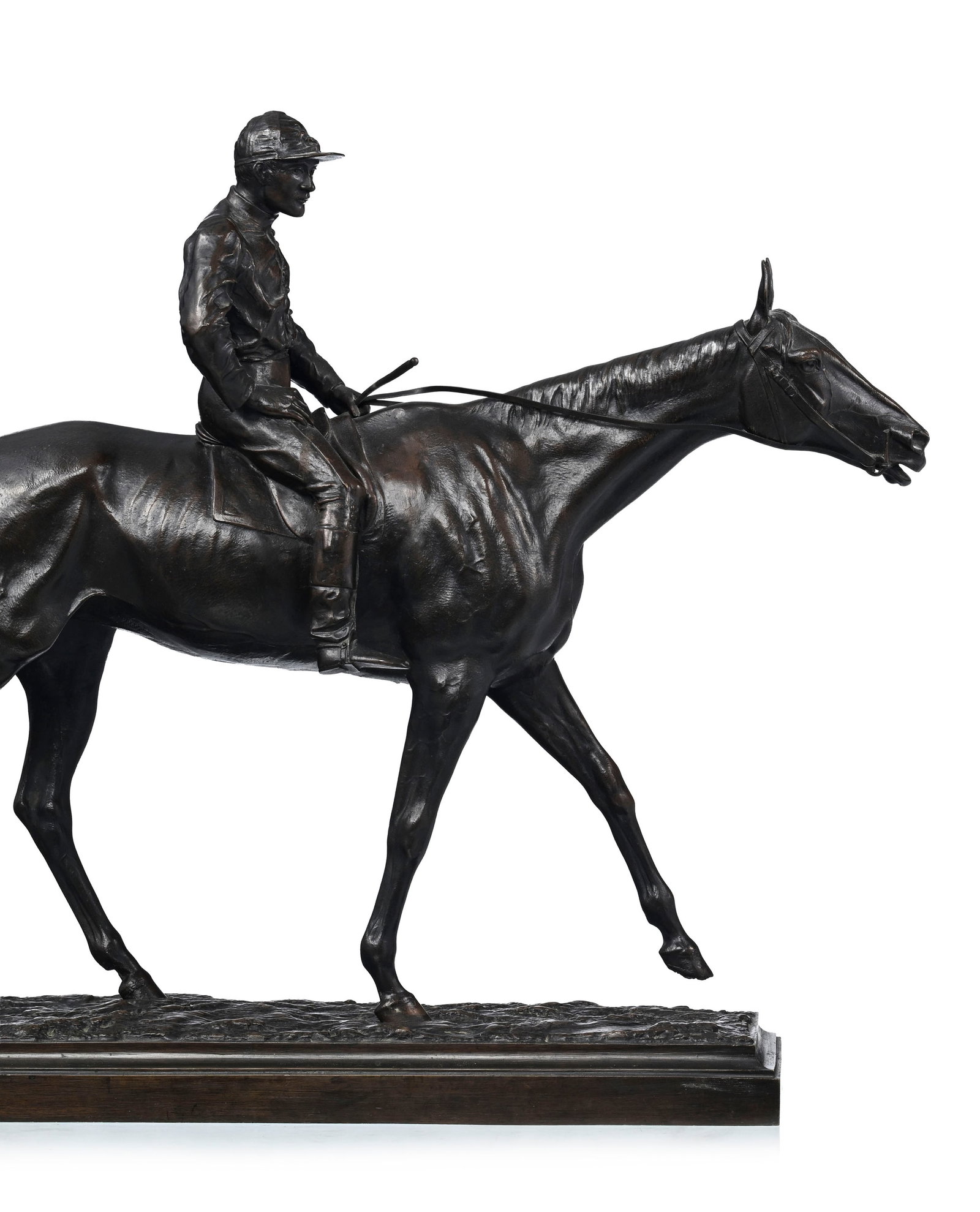 Jockey sur sa monture, bronze à patine brune, début XXe s., non signé, long. 55 cm, h - 3