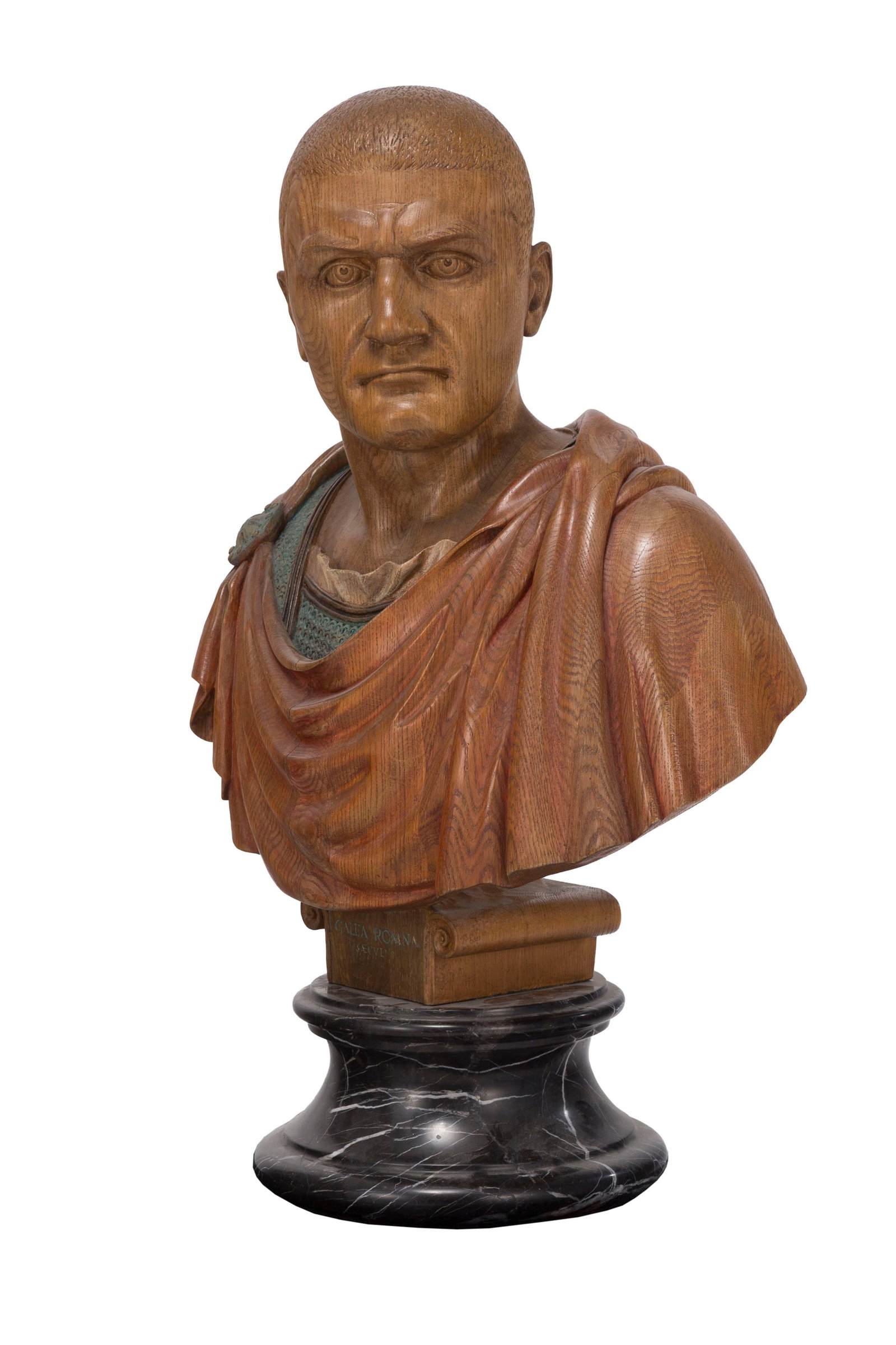 Galea Romana saeculi, buste de style antique en bois sculpté teinté et vernis, sur pié - 2