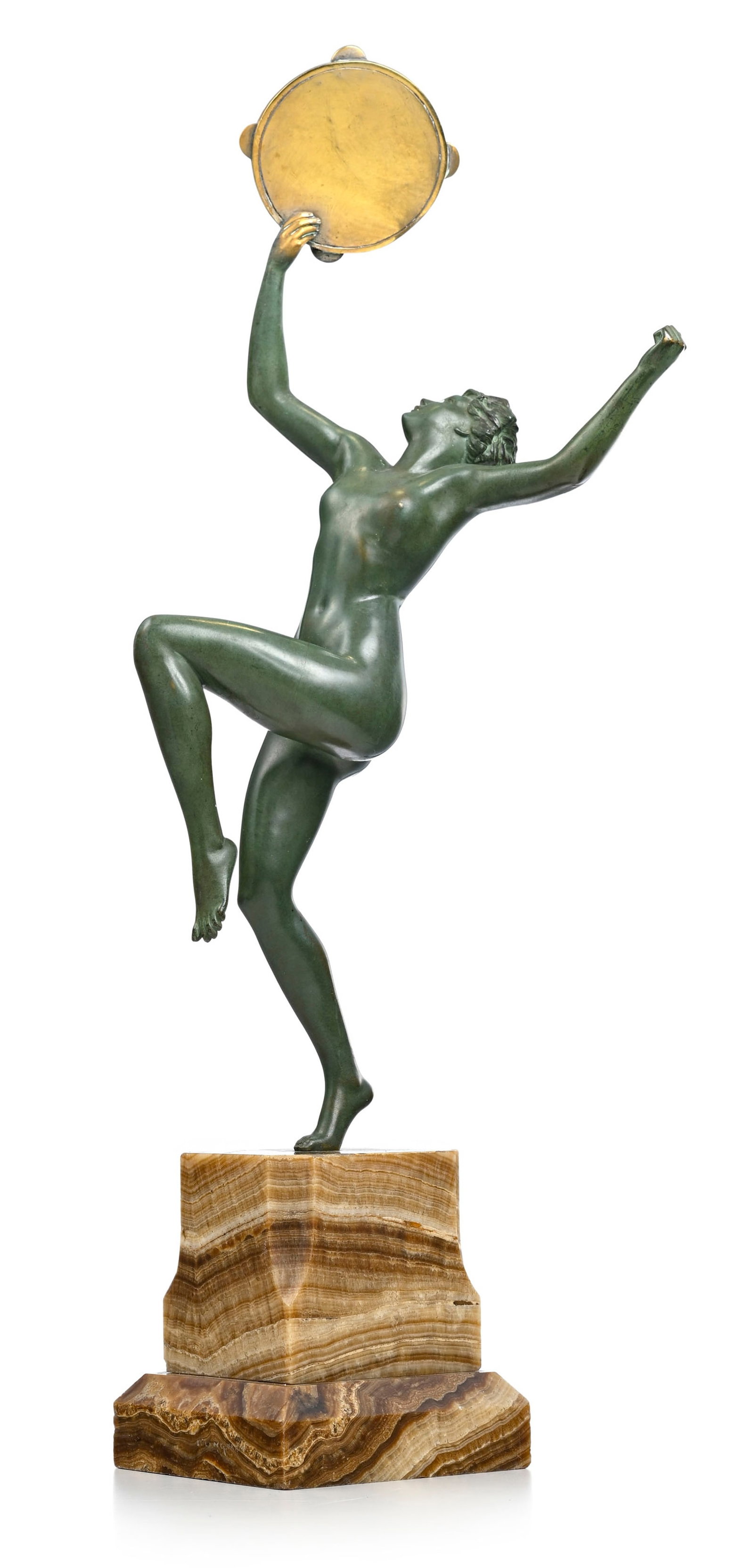 Maurice Guiraud-Rivière (1881-1947), Danseuse au tambourin, bronze à patine verte sur socl: Maurice Guiraud-Rivière (1881-1947), Danseuse au tambourin, bronze à patine verte sur socle en onyx, signé sur le socle, h. 44 cm (sans socle), 56 cm (totale) Condition Eclats