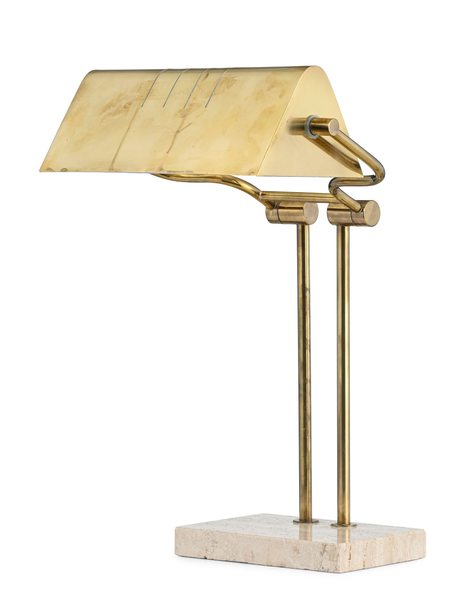 Lampe de bureau, XXe s., en laiton, diffuseur orientable, base rectangulaire en travertin, h. 45 cm: Lampe de bureau, XXe s., en laiton, diffuseur orientable, base rectangulaire en travertin, h. 45 cm Condition présence de rayures et marques nous ne garantissons pas l'état de