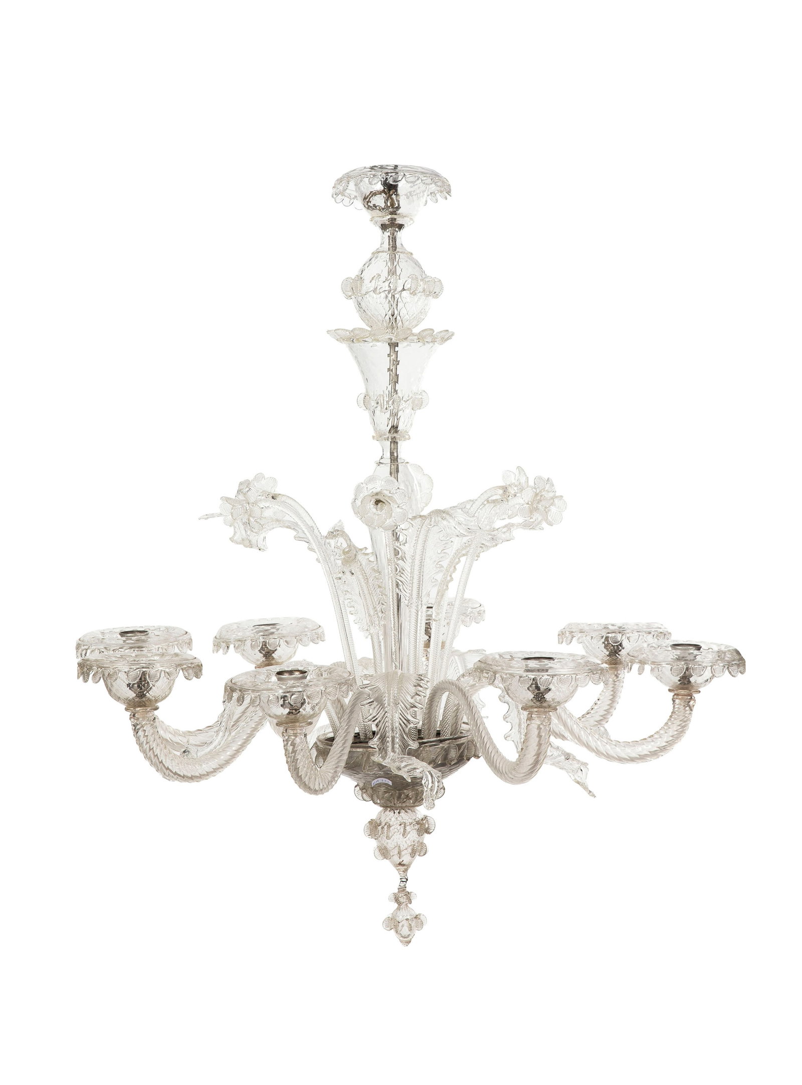 Lustre, Murano, XXe s., en verre transparent, à décor de fleurs et feuilles, huit feux, h. (1 of 3)