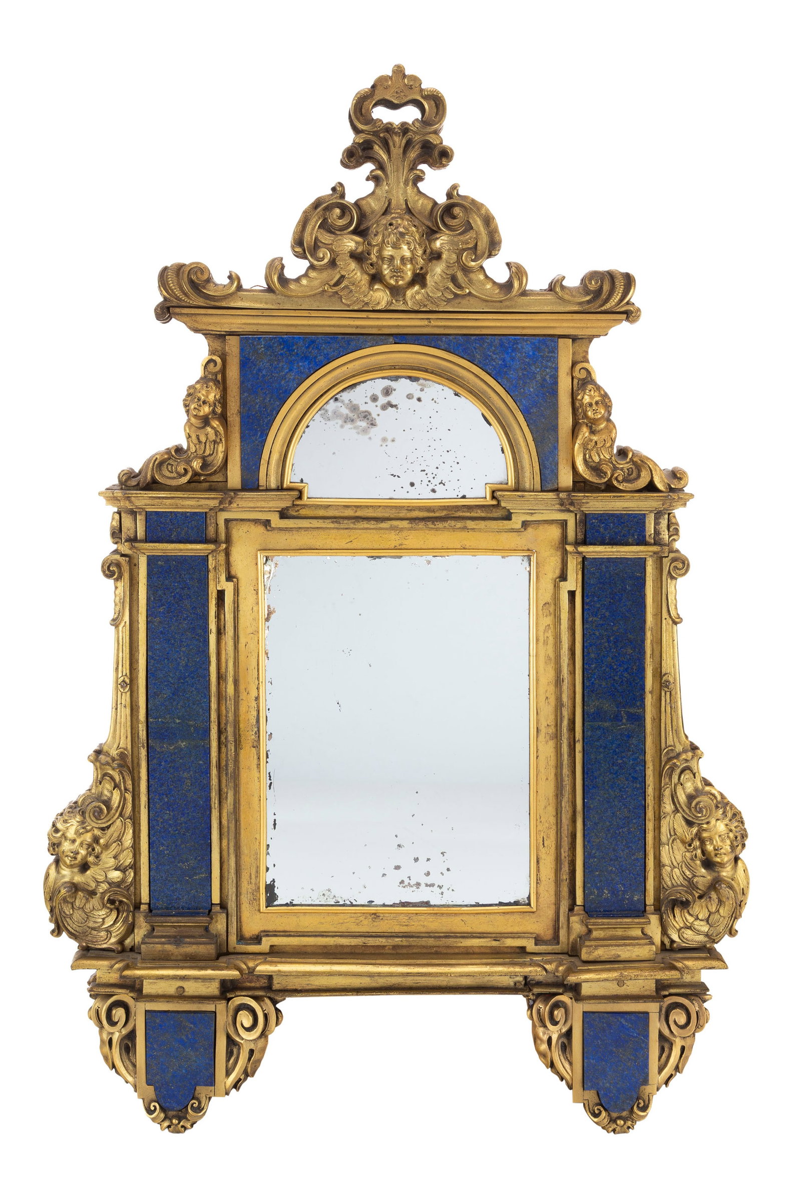 Miroir Baroque, Italie, XVIIIe s., en bronze doré et plaques de lapis lazuli, à décor: Miroir Baroque, Italie, XVIIIe s., en bronze doré et plaques de lapis lazuli, à décor architecturé flanqué de putti ailés, étiquette avec la mention Duke of Norfolk 