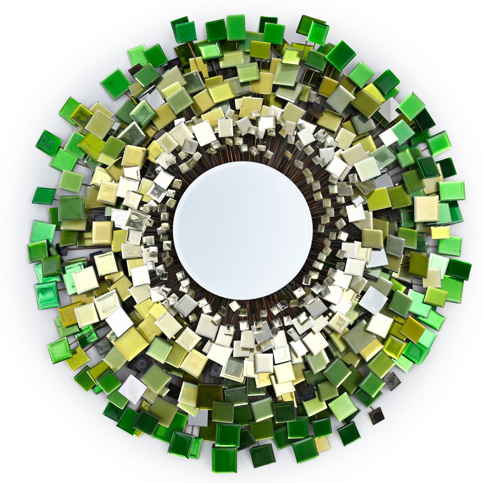 Isabelle de Borchgrave (1946-2024), Miroir soleil, à encadrement rayonnant composé d’: Isabelle de Borchgrave (1946-2024), Miroir soleil, à encadrement rayonnant composé d’une mosaïque de carreaux montés sur des tiges métalliques, aux nuances de jaune et