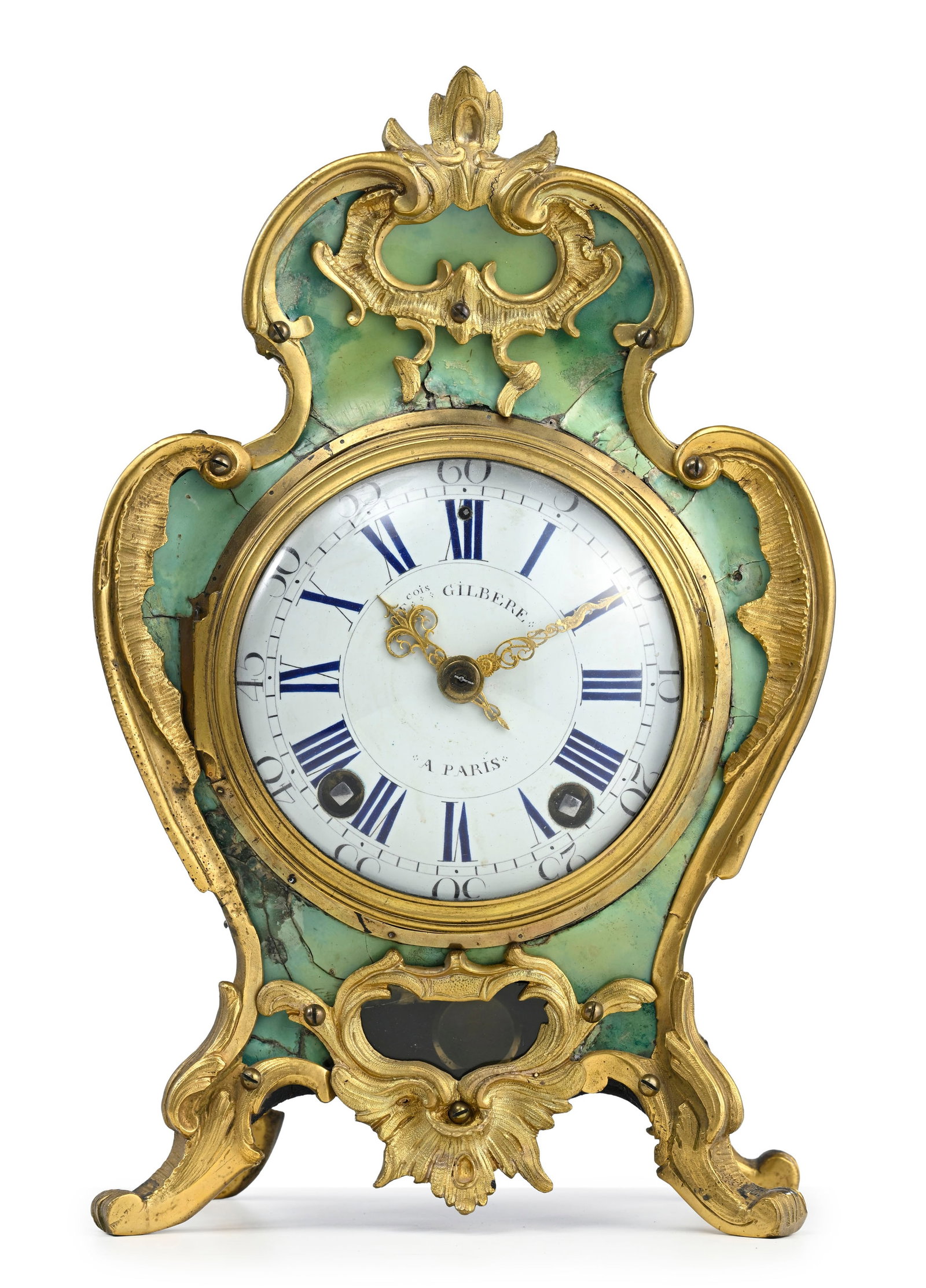 Pendule d'époque Louis XV, de forme mouvementée en corne teintée verte et bronze dor& - 2