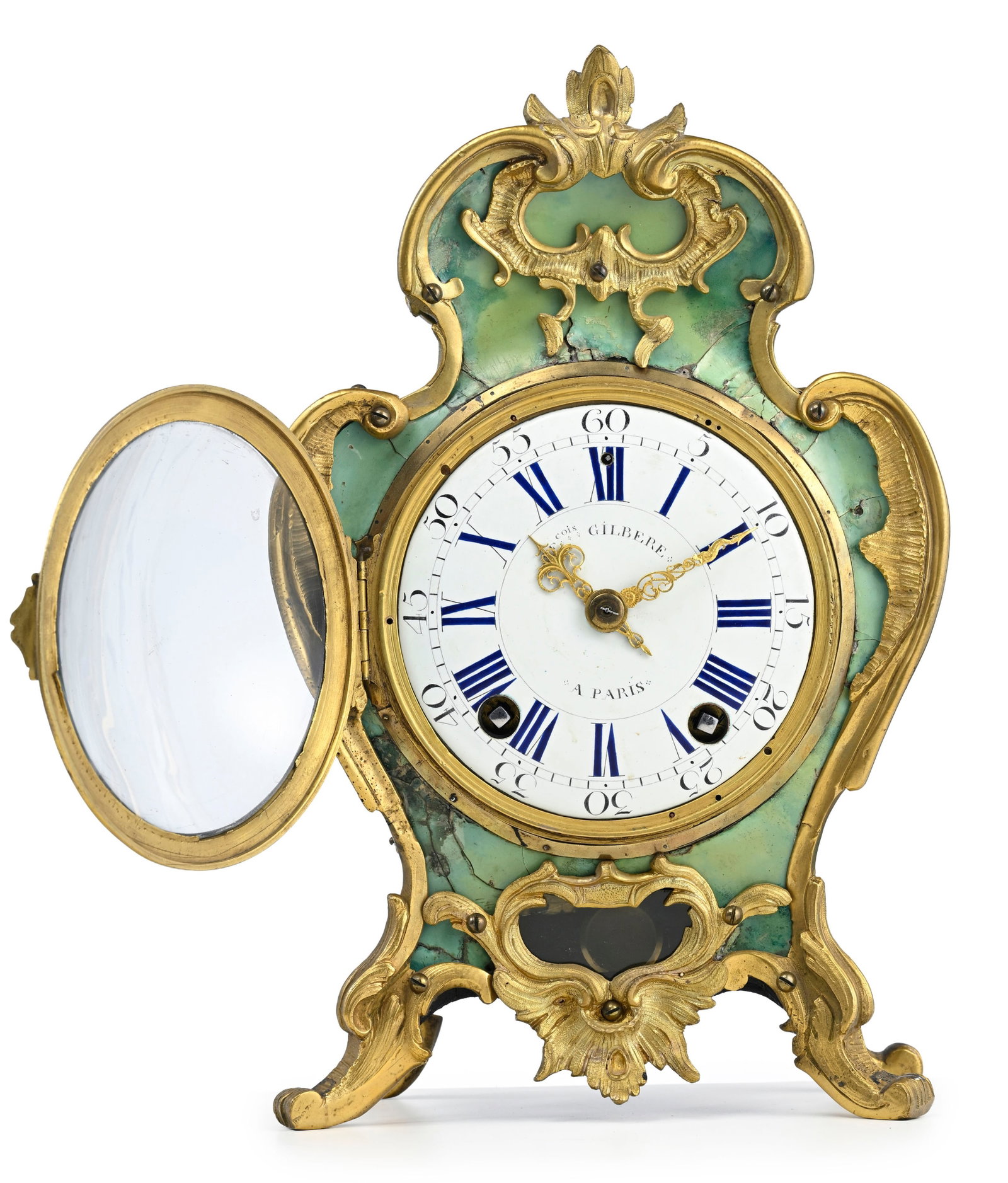 Pendule d'époque Louis XV, de forme mouvementée en corne teintée verte et bronze dor& - 3