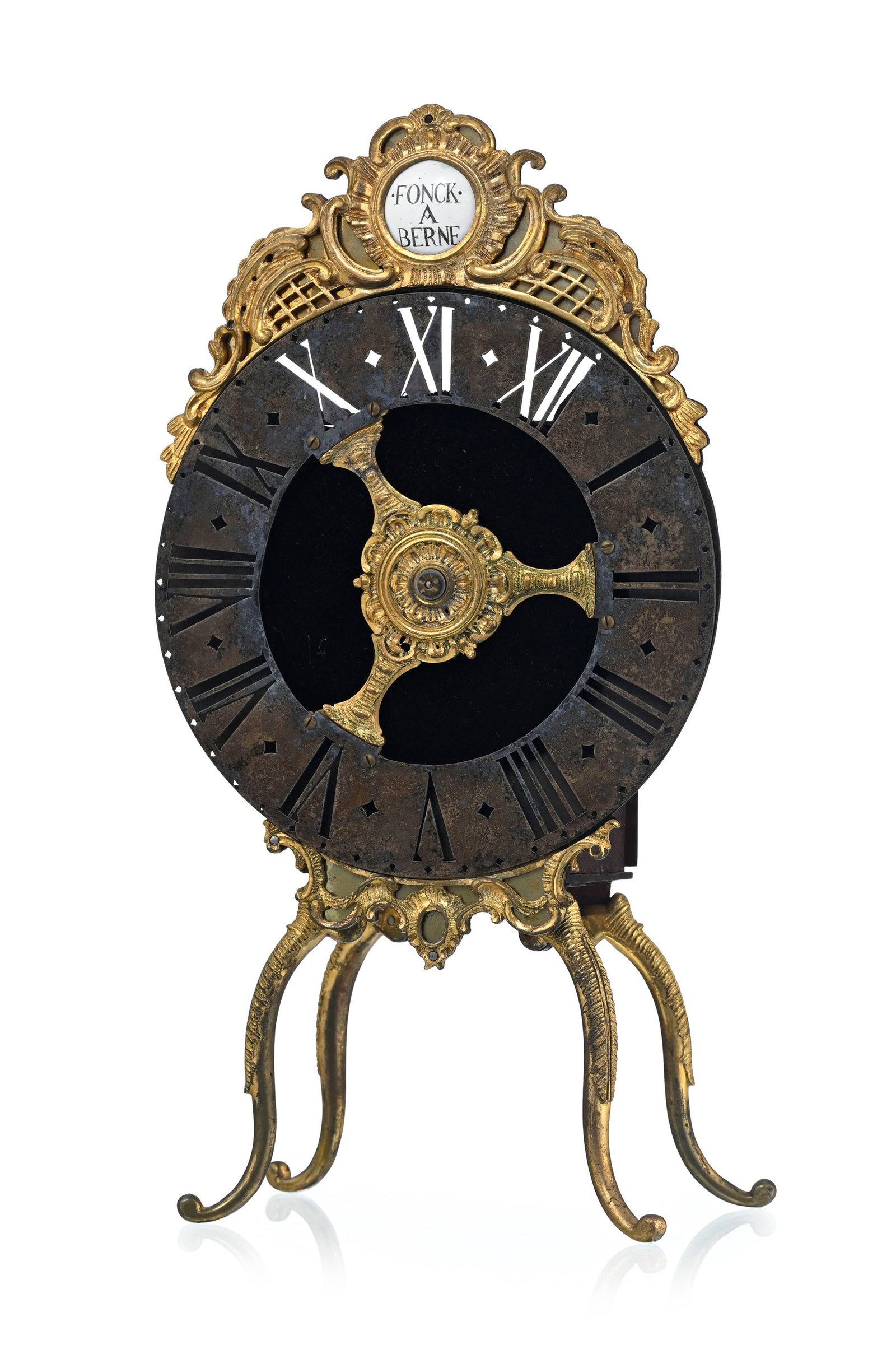 Pendule veilleuse de voyage par Fonck, Berne, milieu XVIIIe s., en bronze doré et métal pa (1 of 5)