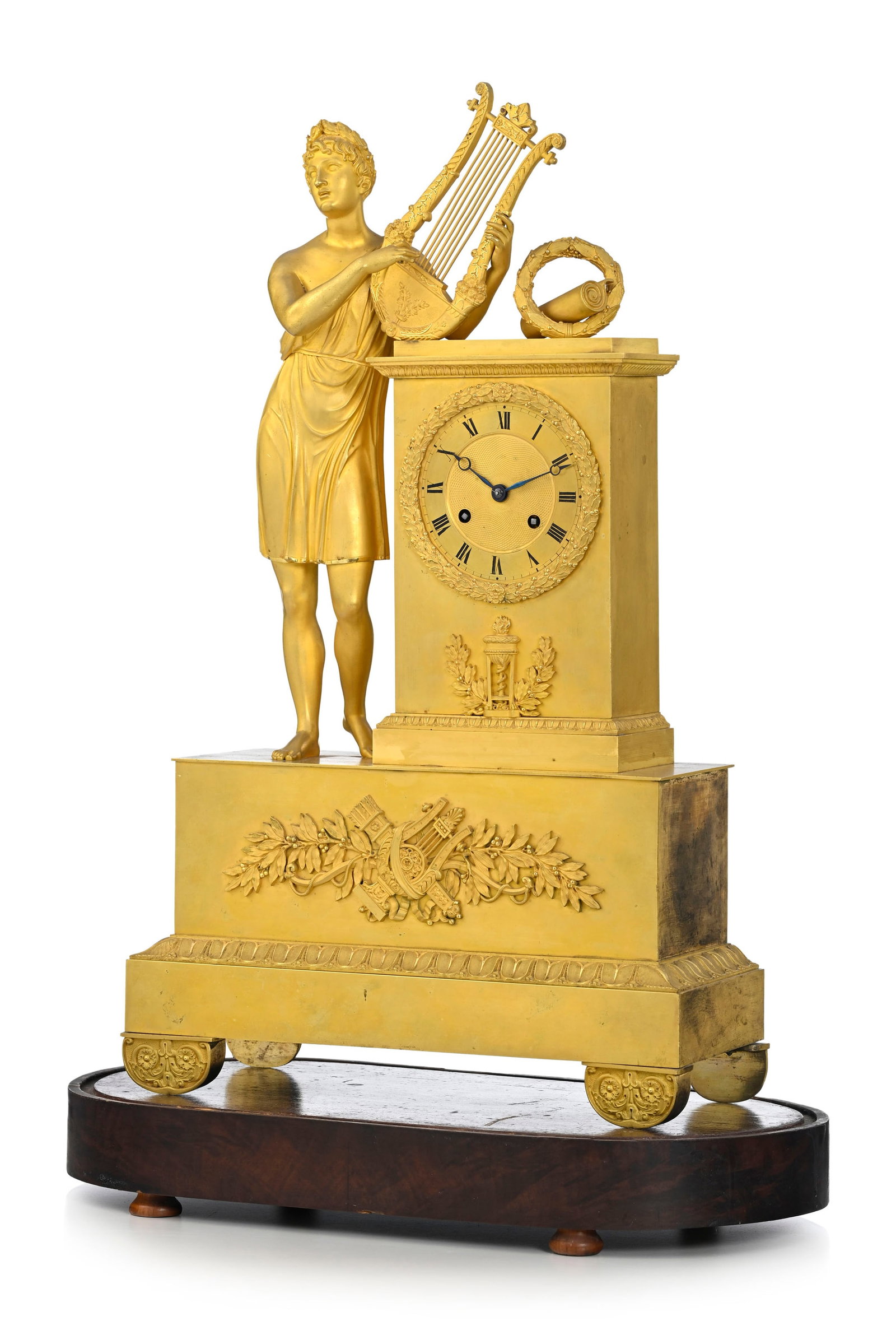 Pendule borne d'époque Restauration, en bronze doré mat et brillant, figurant Apollon, cad (1 of 9)