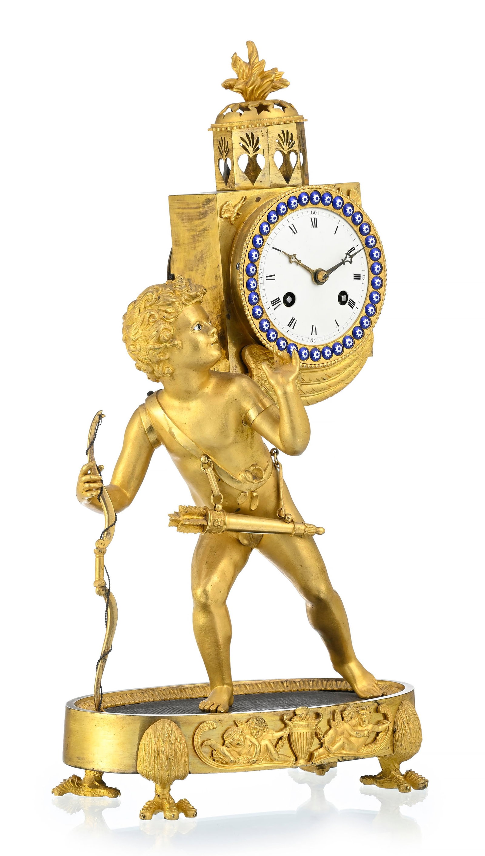 Pendule dite à lanterne magique d'époque Restauration, en bronze doré et finement cis - 2