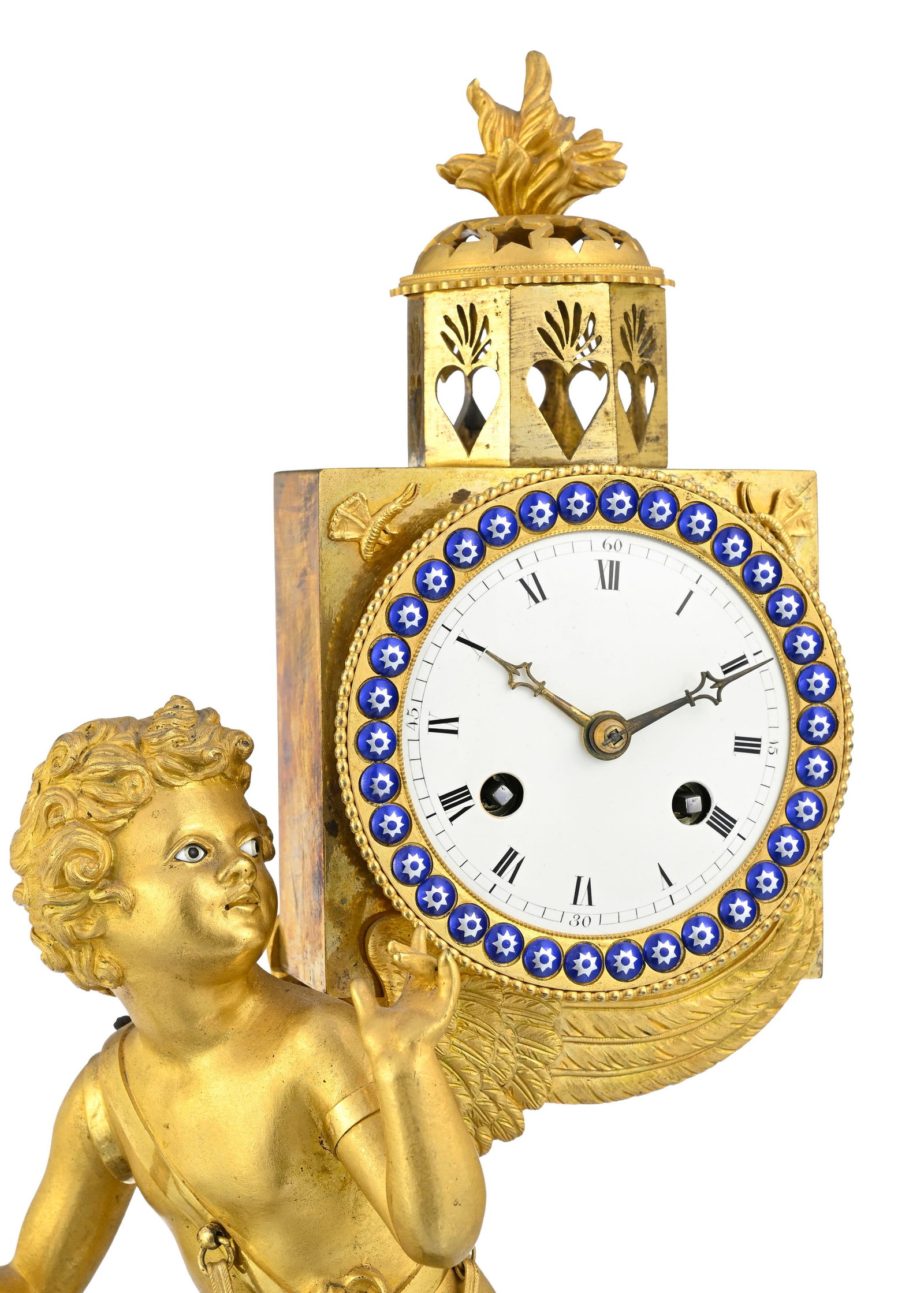 Pendule dite à lanterne magique d'époque Restauration, en bronze doré et finement cis - 3