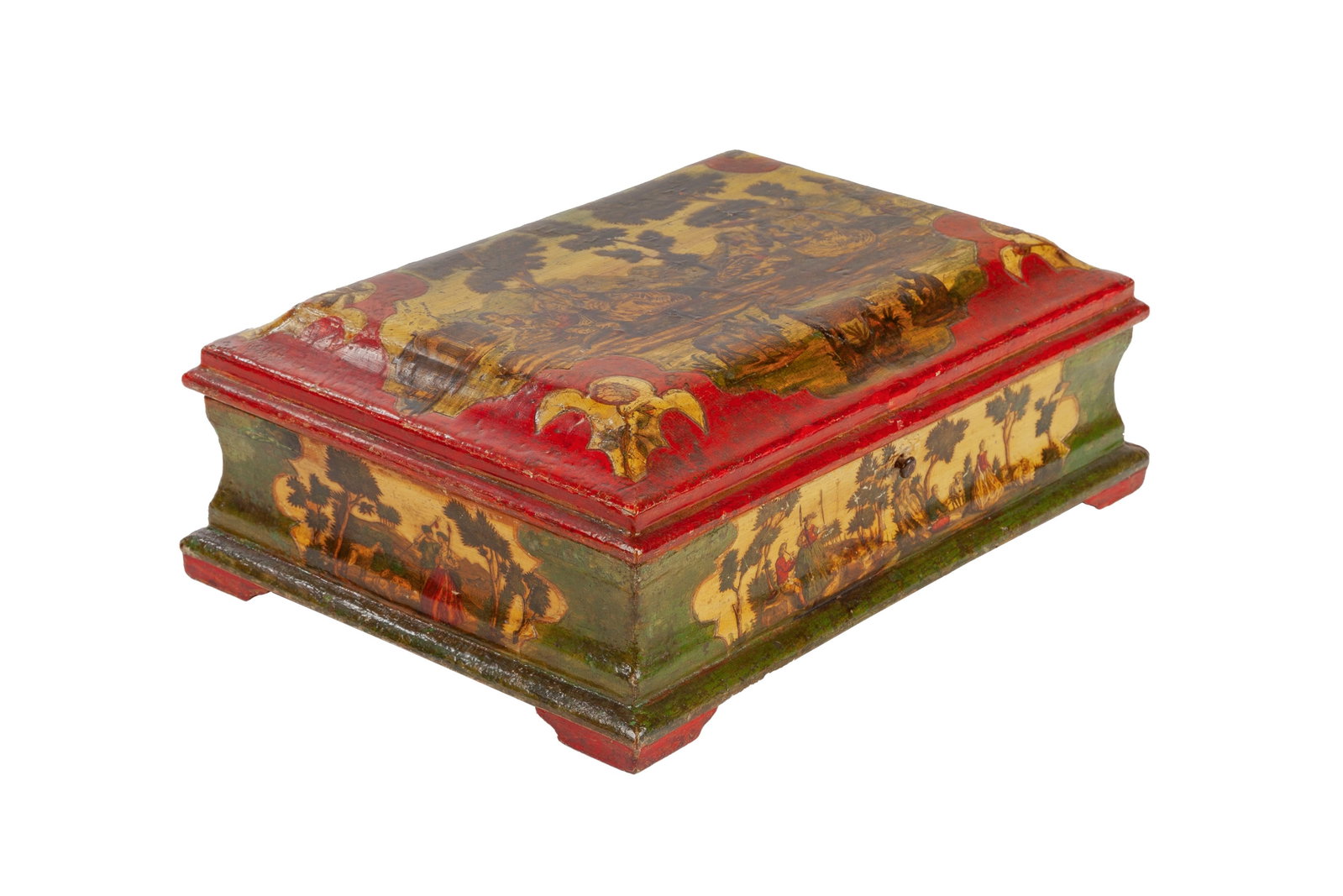 Coffret, Venise, XVIIIe s., en bois peint et à décor en Arte Povera de scènes galante: Coffret, Venise, XVIIIe s., en bois peint et à décor en Arte Povera de scènes galantes et fleurs, ouvrant par le plateau et un tiroir sur le côté, 10x32x23 cm Provenance: