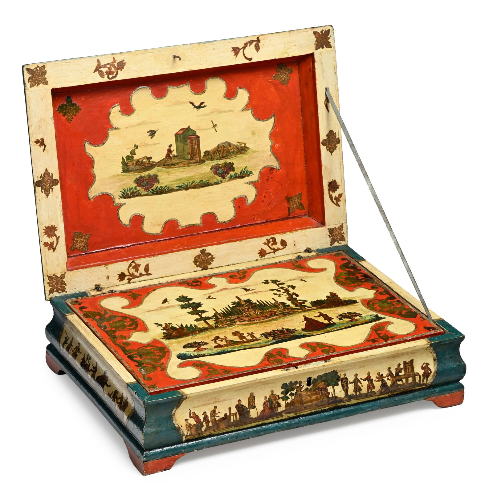 Coffret, Venise, XVIIIe s., en bois peint et à décor en Arte Povera orné de paysages : Coffret, Venise, XVIIIe s., en bois peint et à décor en Arte Povera orné de paysages et scènes animées, ouvrant par le plateau et démasquant des tiroirs, 14x48x33 cm