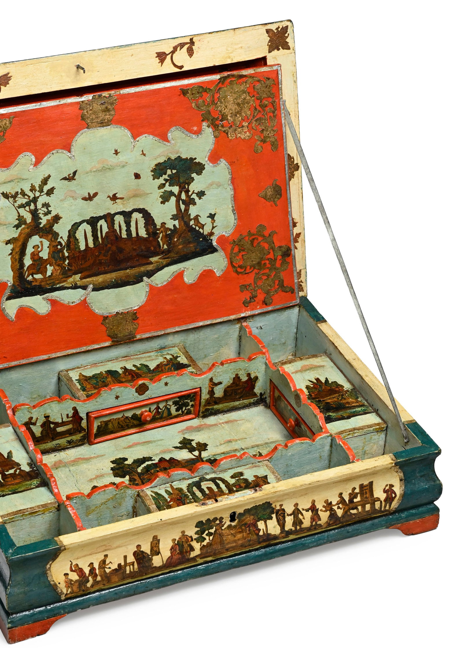 Coffret, Venise, XVIIIe s., en bois peint et à décor en Arte Povera orné de paysages  - 6