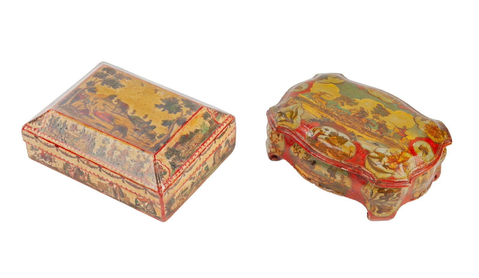 Boîte, Venise, XVIIIe s., en bois peint et à décor en Arte Povera de scènes de c: Boîte, Venise, XVIIIe s., en bois peint et à décor en Arte Povera de scènes de chasse, ouvrant par le plateau, on joint une seconde boîte à décor de scènes