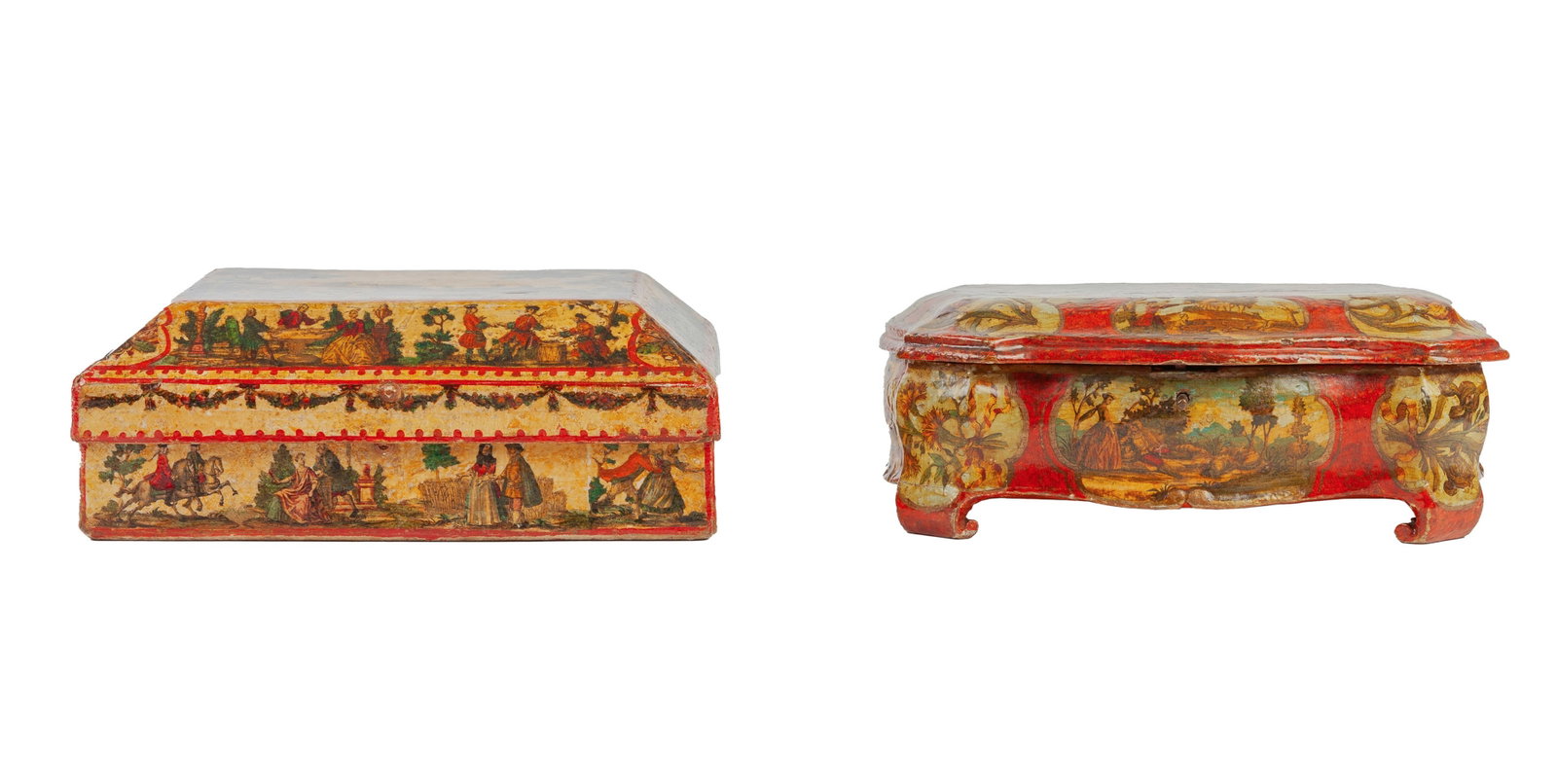 Boîte, Venise, XVIIIe s., en bois peint et à décor en Arte Povera de scènes de c - 2
