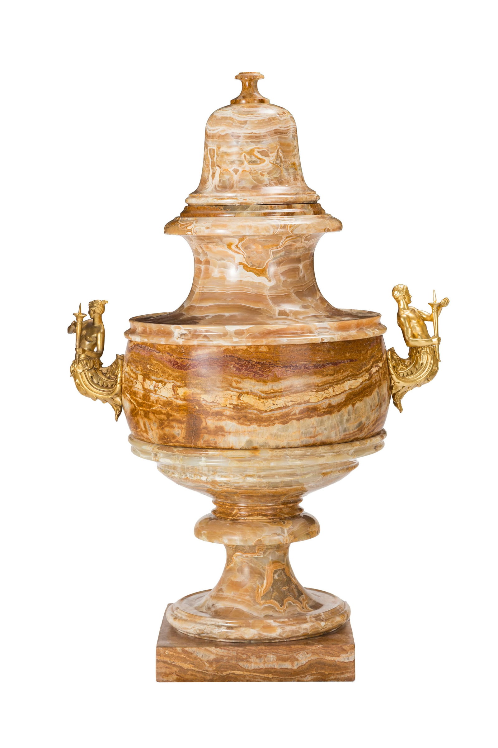 Vase couvert, XXe s., en onyx, monté en lampe, anses en bois et métal doré, h. 125 cm: Vase couvert, XXe s., en onyx, monté en lampe, anses en bois et métal doré, h. 125 cm Condition partie supérieure restaurée