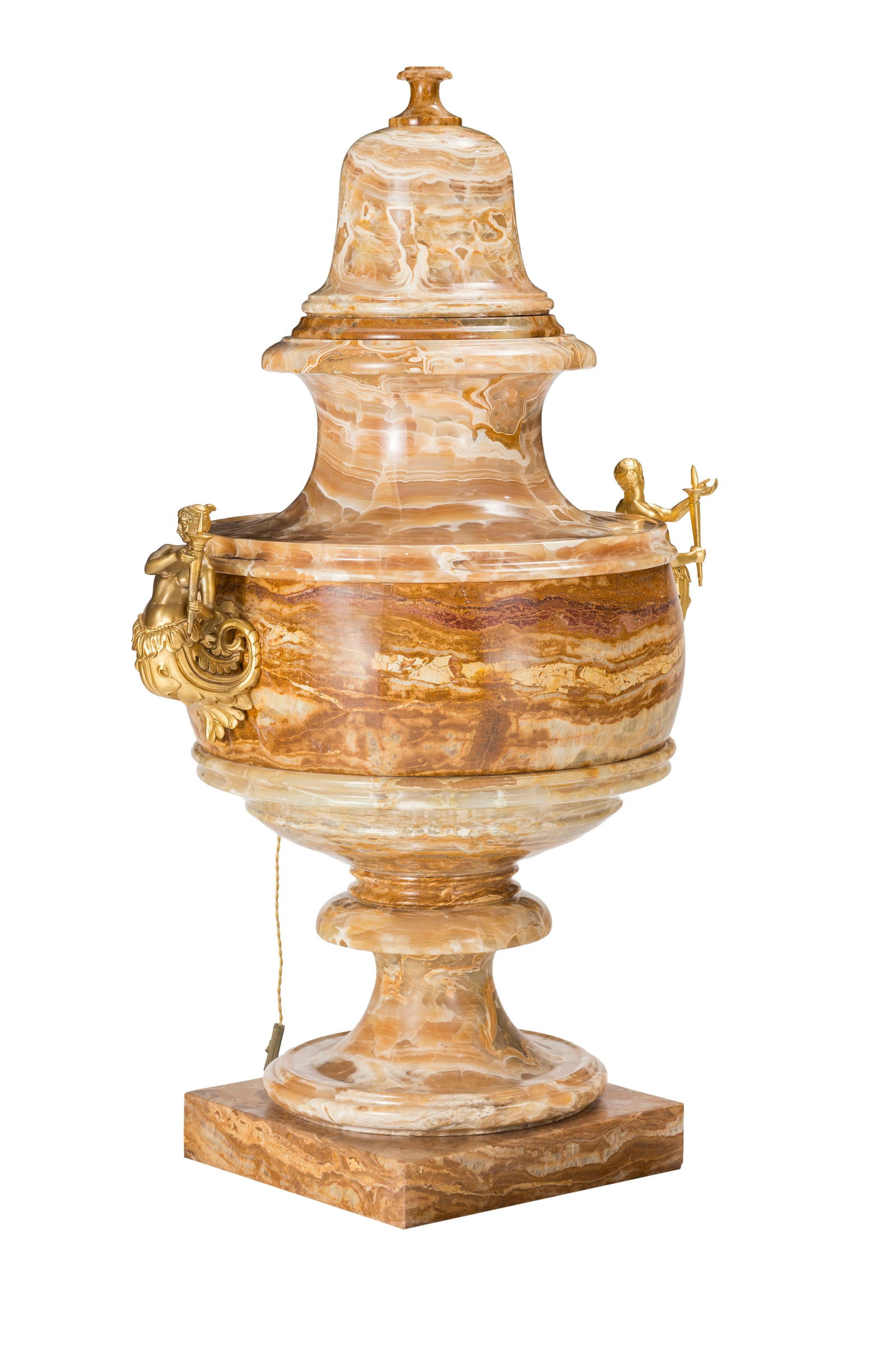 Vase couvert, XXe s., en onyx, monté en lampe, anses en bois et métal doré, h. 125 cm - 2