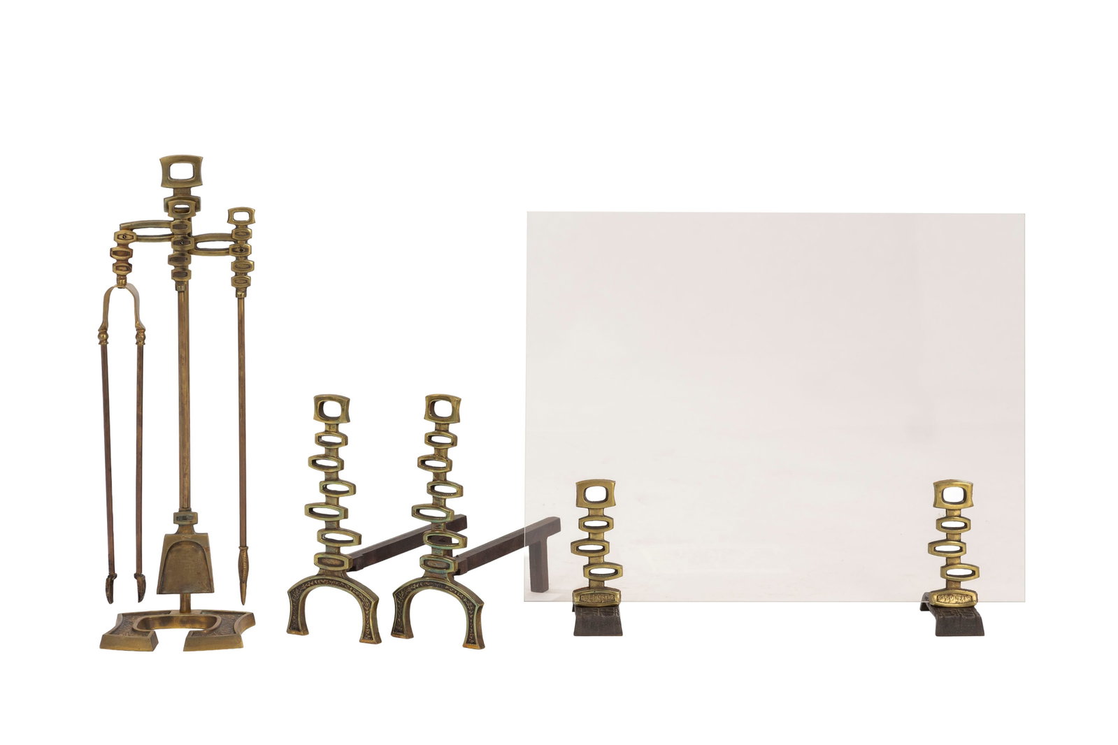 Paire de chenets, nécessaire de cheminée et pare-feu modernistes, XXe s., en bronze, n (1 of 4)