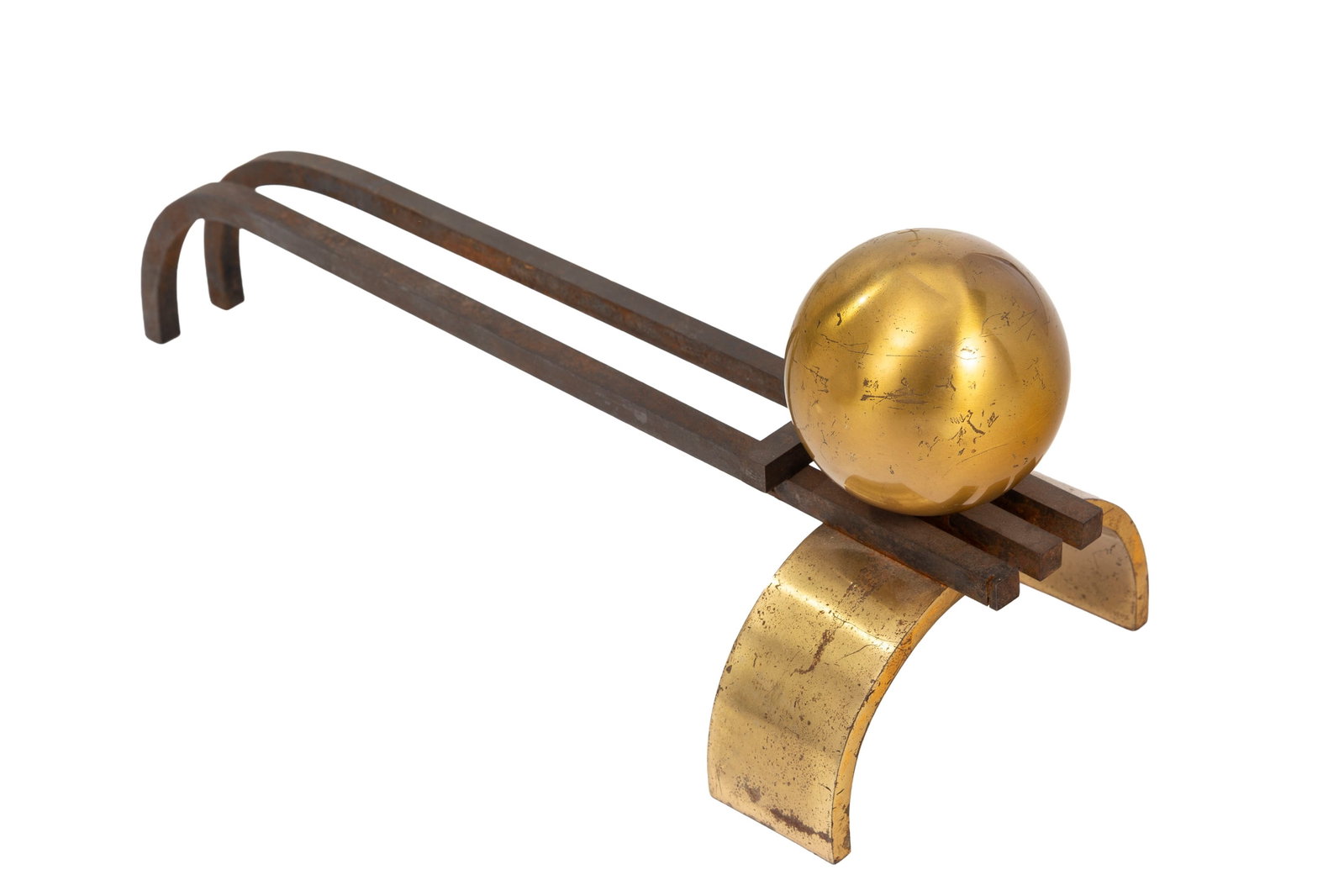 Paire de chenets modernistes et pare-feu, XXe s., en laiton et verre, dimensions des chenets: 21x19x - 2