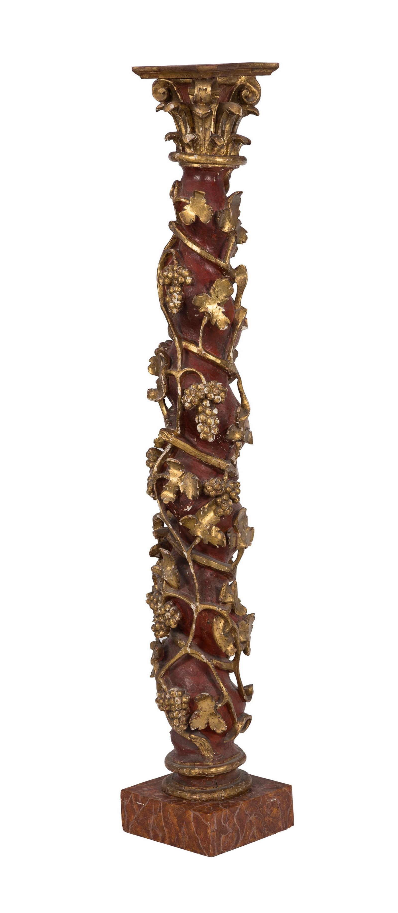 Colonne salomonique, XIXe s., en bois peint rouge et doré à décor sculpté de pam: Colonne salomonique, XIXe s., en bois peint rouge et doré à décor sculpté de pampres de vigne, h. 155 cm Condition manque et usures à la peinture colonne peinte sur un c