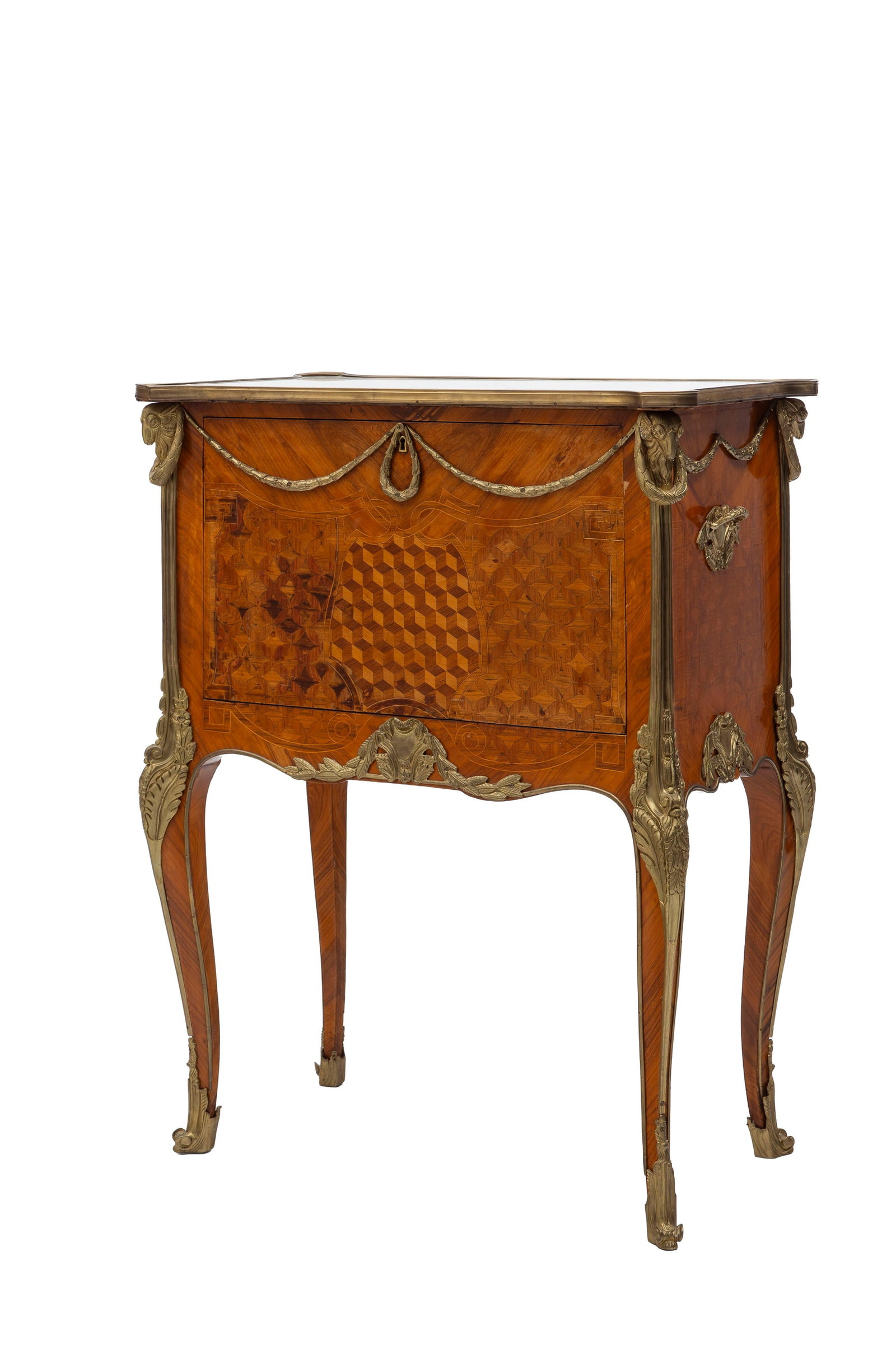 Cabinet de style Louis XV d'après un modèle de Jean-François Oeben, XXe s., en placag: Cabinet de style Louis XV d'après un modèle de Jean-François Oeben, XXe s., en placage toutes faces de bois de rose, amarante et filets à décor de cubes et éléments 