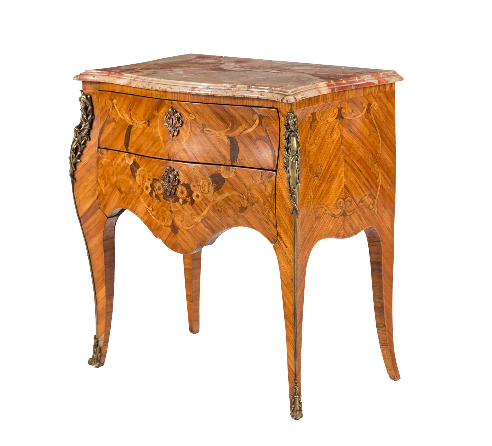 Commode de style Louis XV, XXe s., en placage de bois de rose et marqueterie à décor de gu: Commode de style Louis XV, XXe s., en placage de bois de rose et marqueterie à décor de guirlandes de fleurs, ouvrant en façade par deux tiroirs, plateau en marbre, 81x77x46 cm