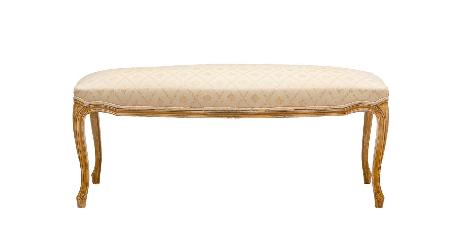 Banquette de style Louis XV, XXe s., en bois peint beige, garniture en tissu beige, long. 120 cm (1 of 1)