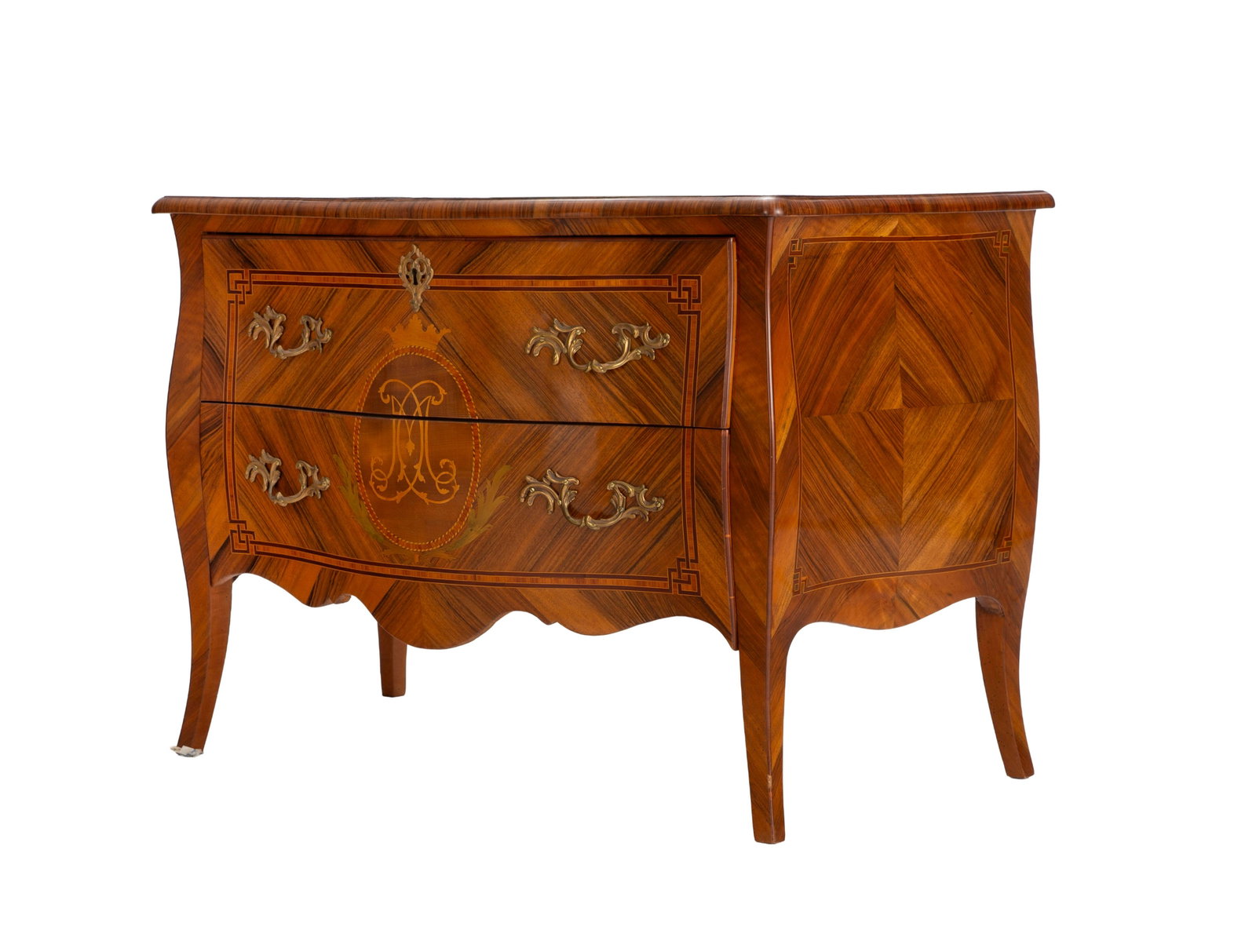 Commode, Italie, XVIIIe s., en placage de palissandre et filets de marqueterie formant encadrements,: Commode, Italie, XVIIIe s., en placage de palissandre et filets de marqueterie formant encadrements, façade galbée ouvrant par deux tiroirs et ornée d'un chiffre dans un médaillon