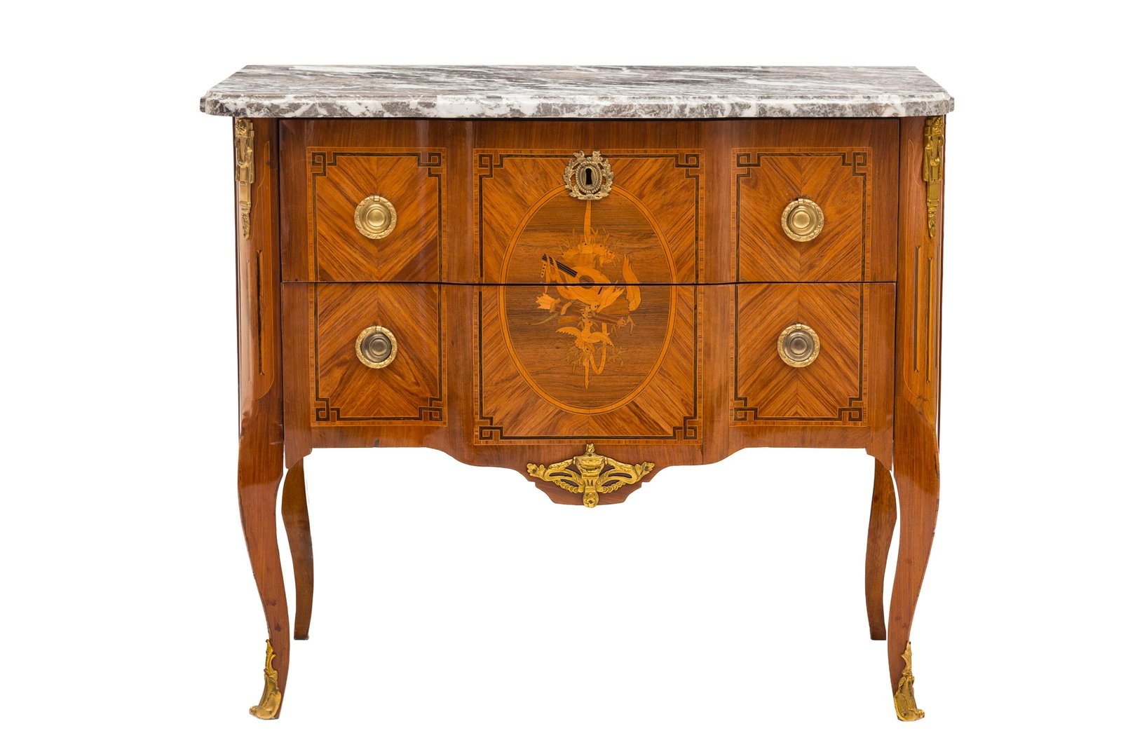 Commode d'époque Transition, en placage de bois de rose et bois fruitier, marqueterie aux attri (1 of 3)
