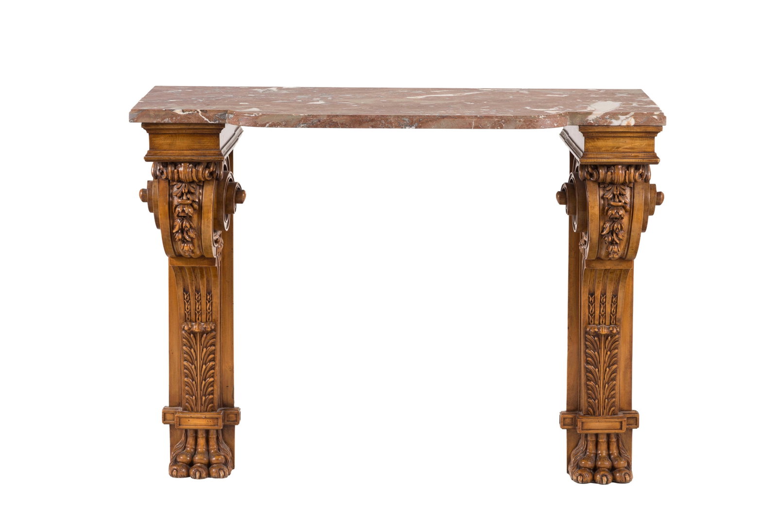 Console de style néoclassique, XXe s., en bois naturel sculpté, plateau en marbre, 90x119x: Console de style néoclassique, XXe s., en bois naturel sculpté, plateau en marbre, 90x119x54 cm Condition console composé d'un plateau en marbre et deux pieds non-reliés