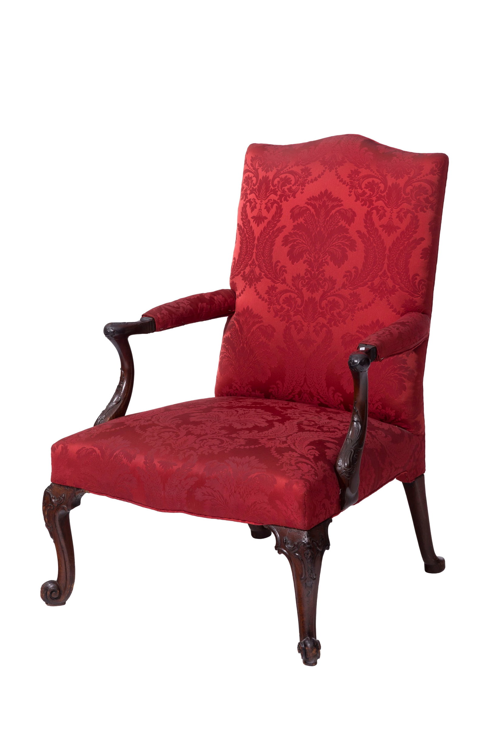 Fauteuil d'époque George II, en acajou sculpté de rocailles et feuilles d'acanthe, garnitu (1 of 2)