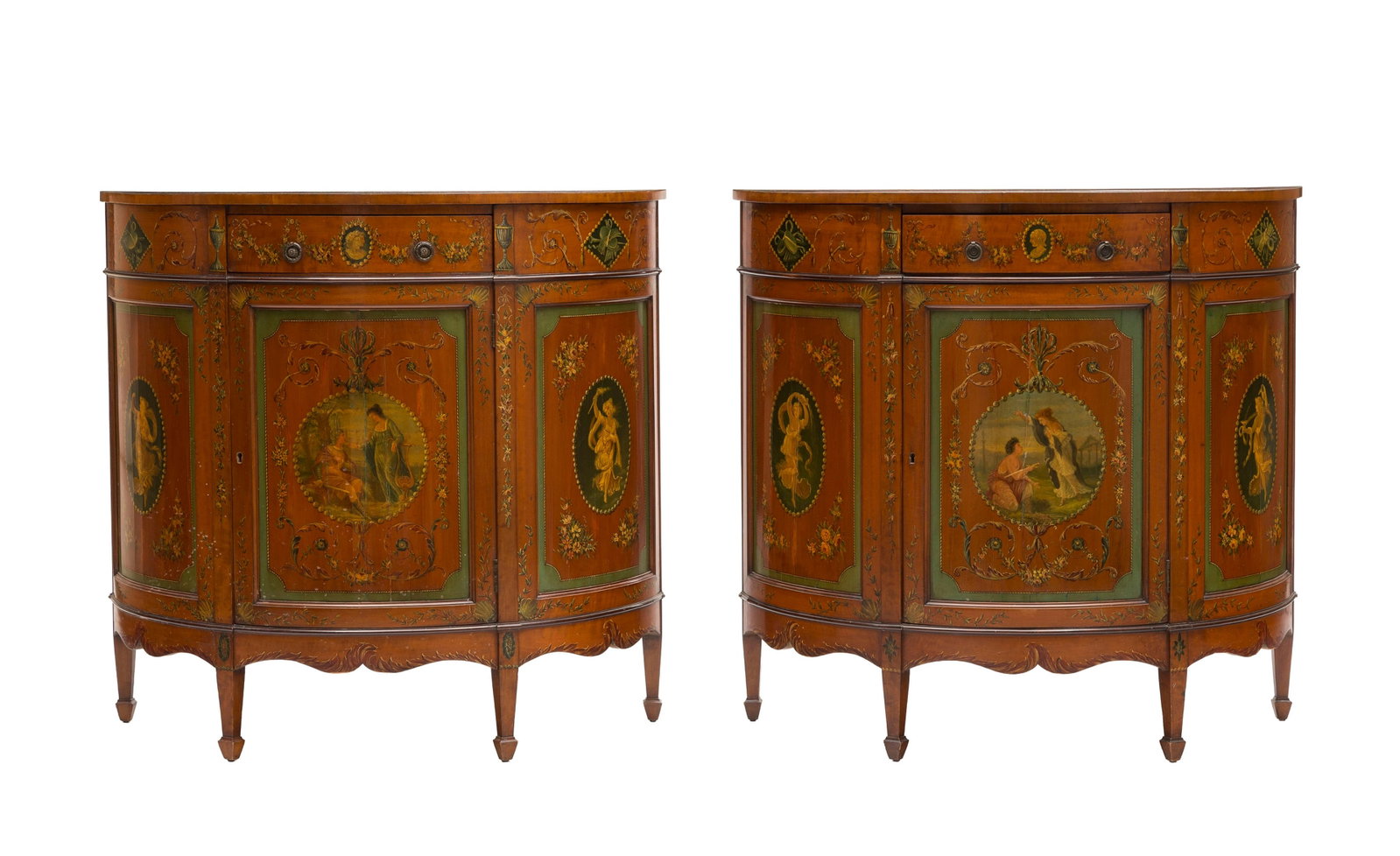 Paire de commodes demi-lune, Angleterre, XXe s., en placage de bois fruitier et richement peint  (1 of 4)