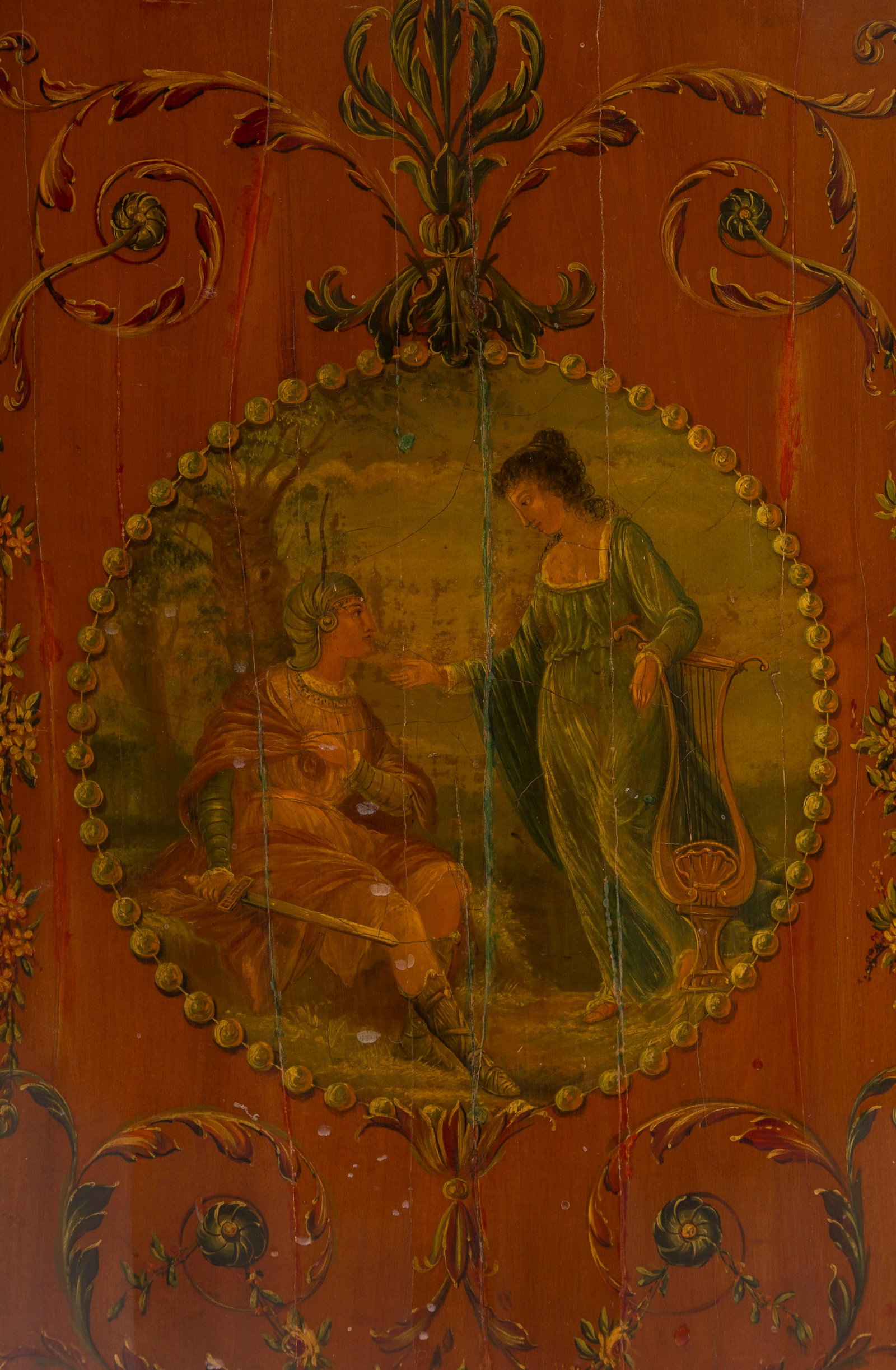 Paire de commodes demi-lune, Angleterre, XXe s., en placage de bois fruitier et richement peint  - 2