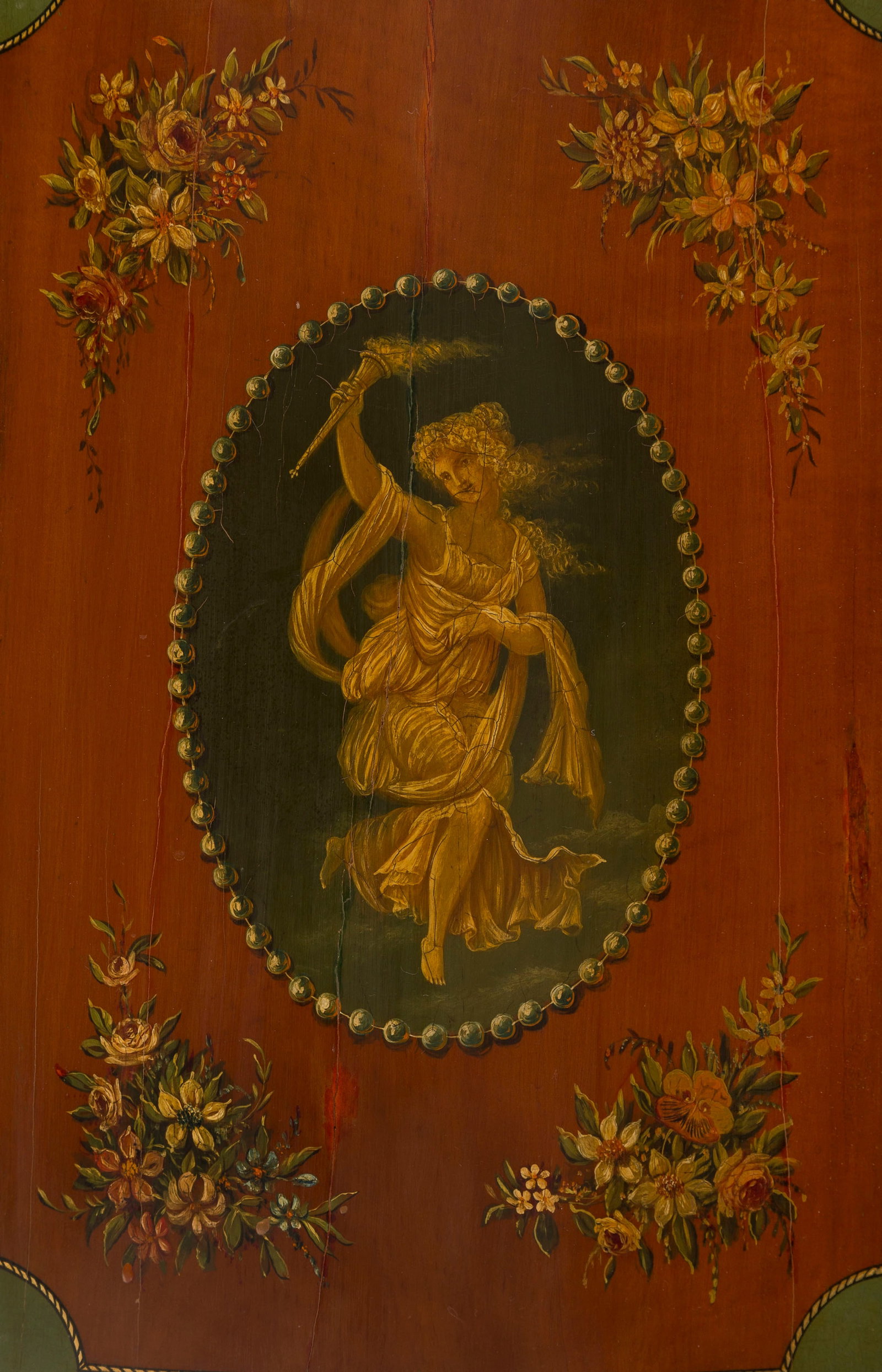 Paire de commodes demi-lune, Angleterre, XXe s., en placage de bois fruitier et richement peint  - 4