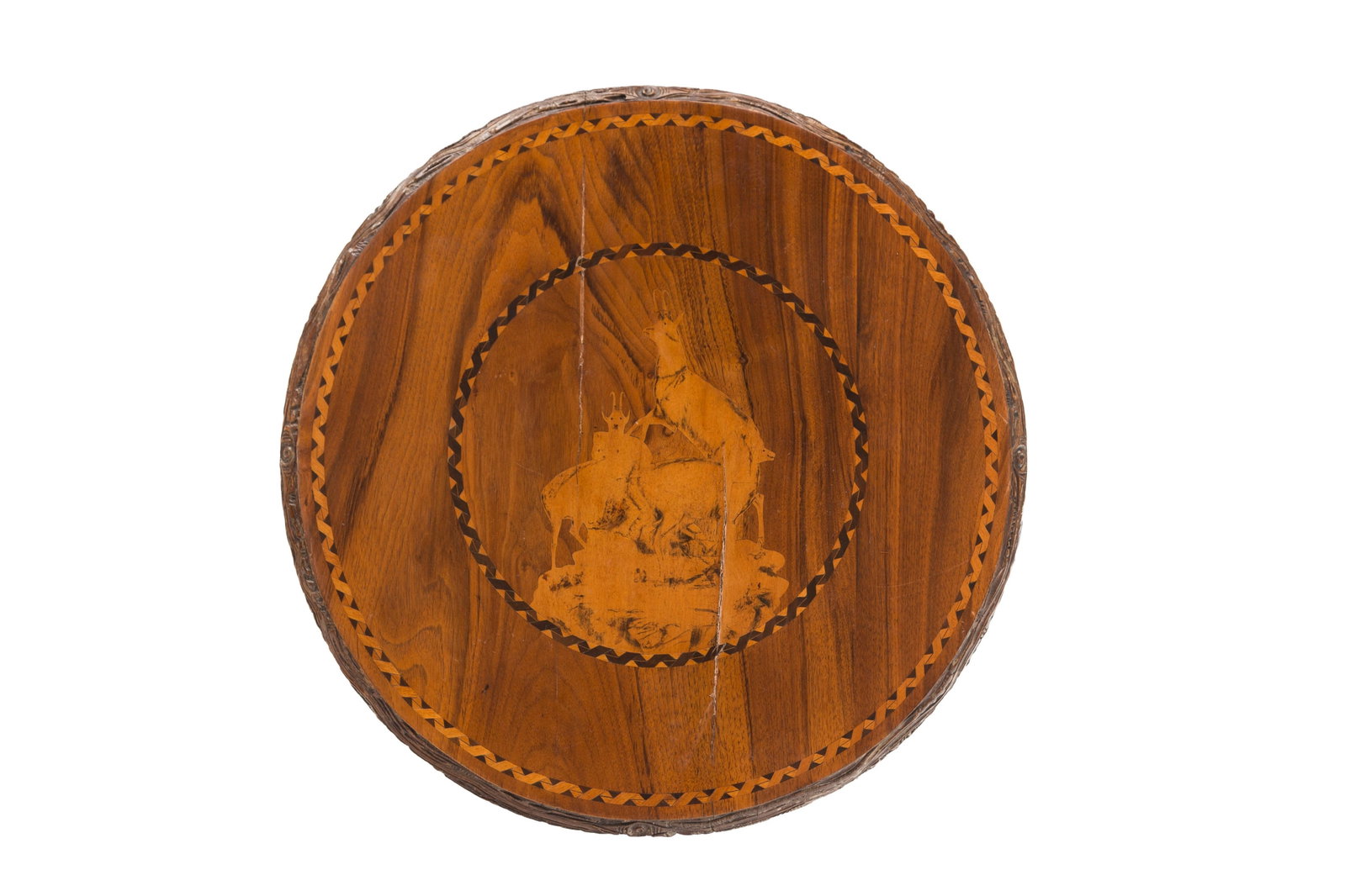 Table d'appoint, début du XXe s., en bois naturel sculpté, plateau circulaire orné de - 2