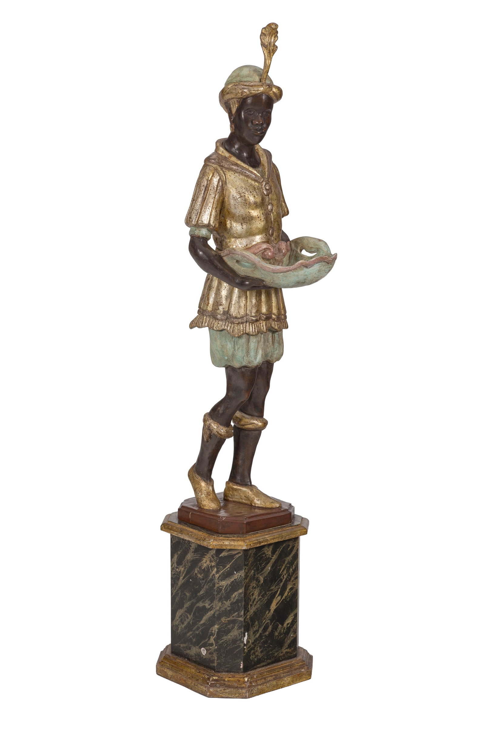 Serviteur muet, Italie, XXe s., en bois peint polychrome figurant un Maure tenant un bassin, h. 149 : Serviteur muet, Italie, XXe s., en bois peint polychrome figurant un Maure tenant un bassin, h. 149 cm