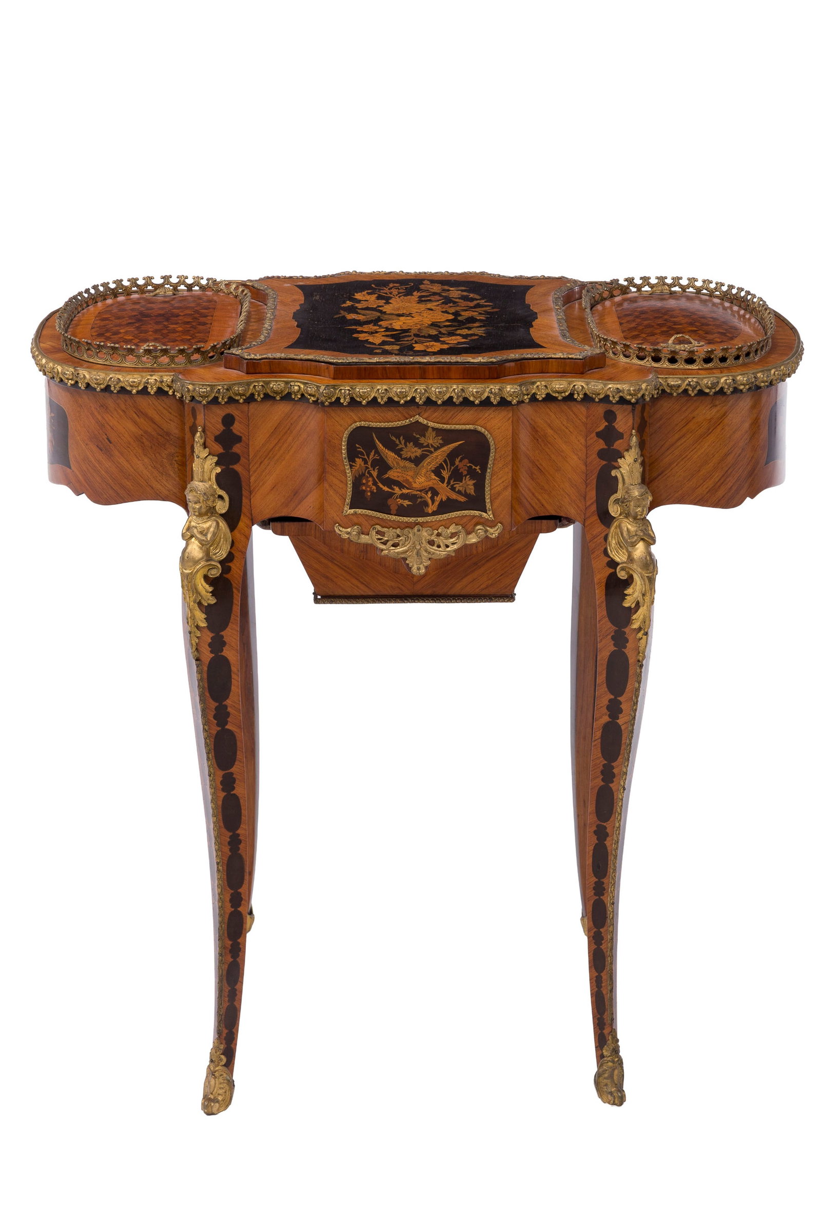 Table à ouvrage formant jardinière d'époque Napoléon III, en placage de bois de : Table à ouvrage formant jardinière d'époque Napoléon III, en placage de bois de rose et marqueterie à décor de fleurs et oiseaux, pieds galbés, 76x78x49 cm