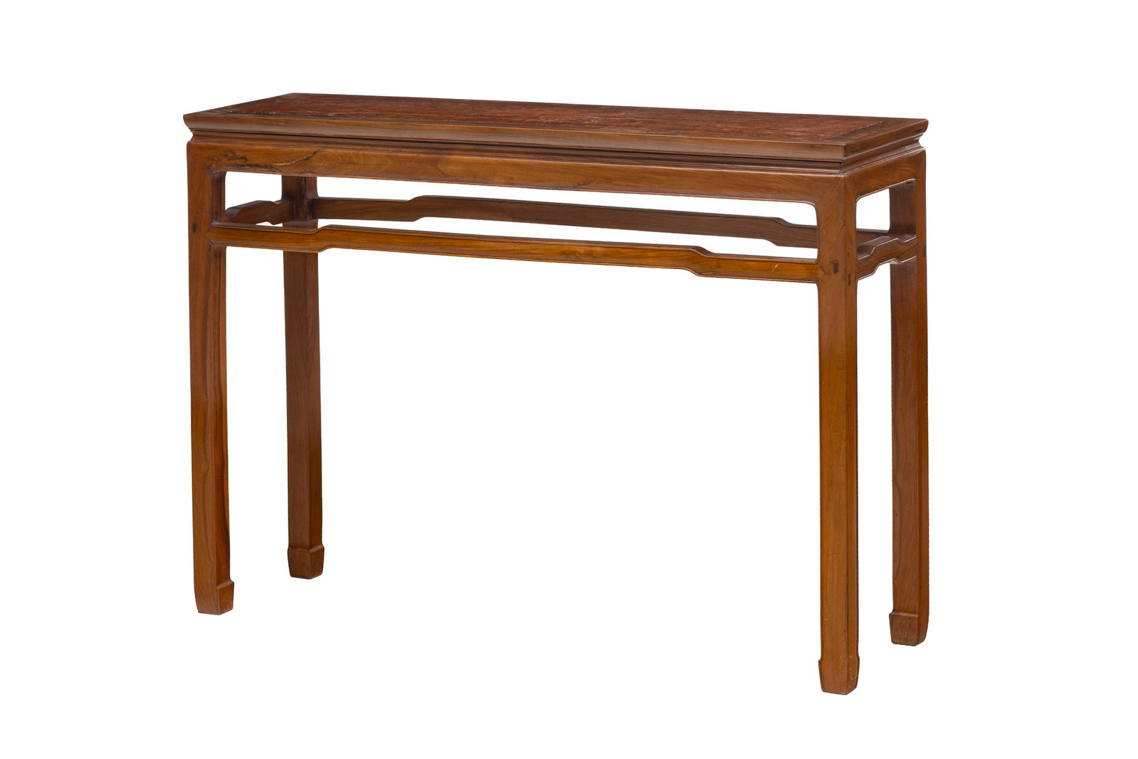 Console, Chine, XXe s., en bois naturel et bois de loupe, montants reliés par une entretoise, 8: Console, Chine, XXe s., en bois naturel et bois de loupe, montants reliés par une entretoise, 87x120x37 cm Condition rayures et marques au vernis plateau partiellement noirci plateau central en