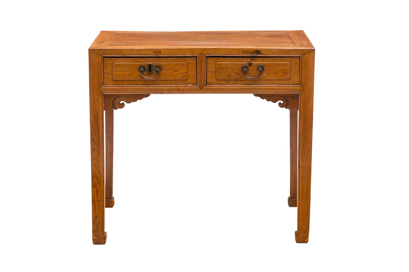 Bureau, Chine, XXe s., en bois naturel, ouvrant par deux tiroirs en façade, 82x91x57 cm: Bureau, Chine, XXe s., en bois naturel, ouvrant par deux tiroirs en façade, 82x91x57 cm Condition plateau central sous-dimensionné rayures et marques au vernis pas de clé usures et