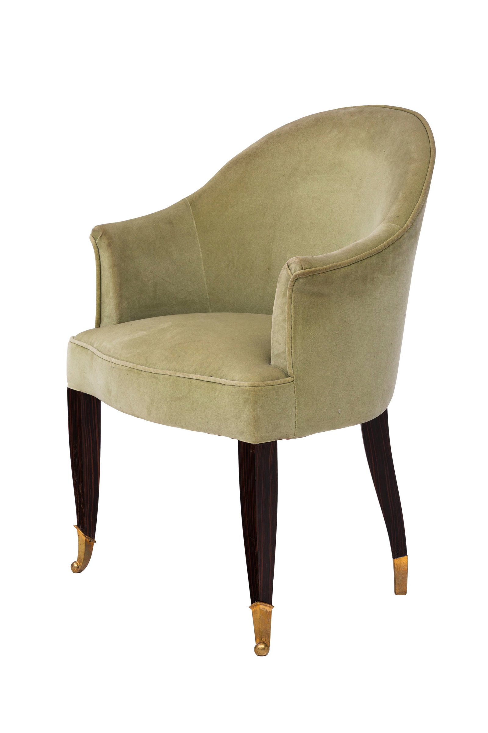 Fauteuil de style Art Deco, XXe s., pieds en placage d'ébène terminés par des sabots : Fauteuil de style Art Deco, XXe s., pieds en placage d'ébène terminés par des sabots en bronze doré, garniture en velours vert Condition présence de marques et rayures sur