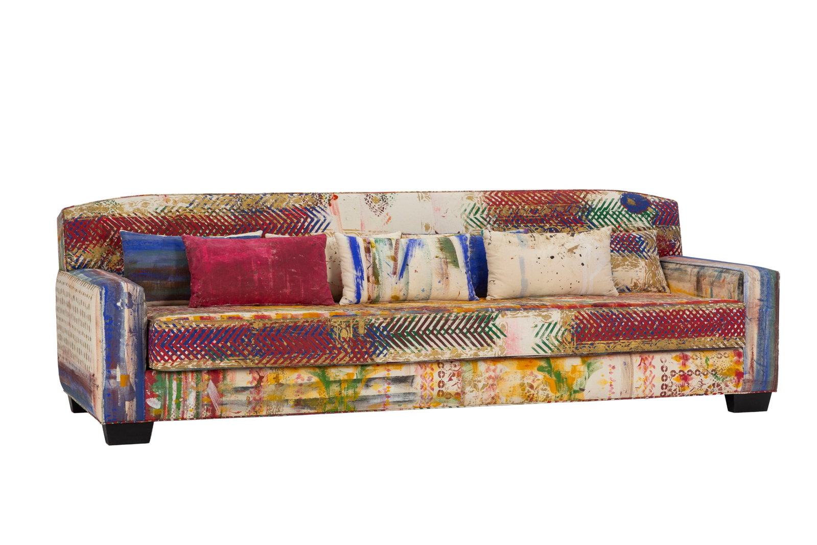Canapé par Isabelle de Borchgrave (1946-2024), en tissu beige entièrement peint, long. 220 (1 of 3)