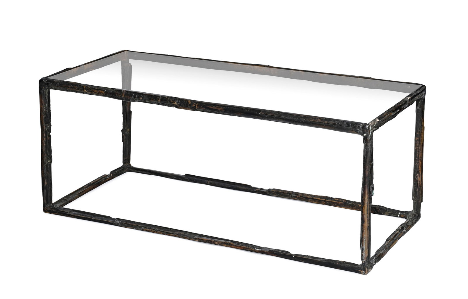 Table basse par Bruno Romeda (1933-2017), piètement en bronze patiné, plateau en verre rap (1 of 1)