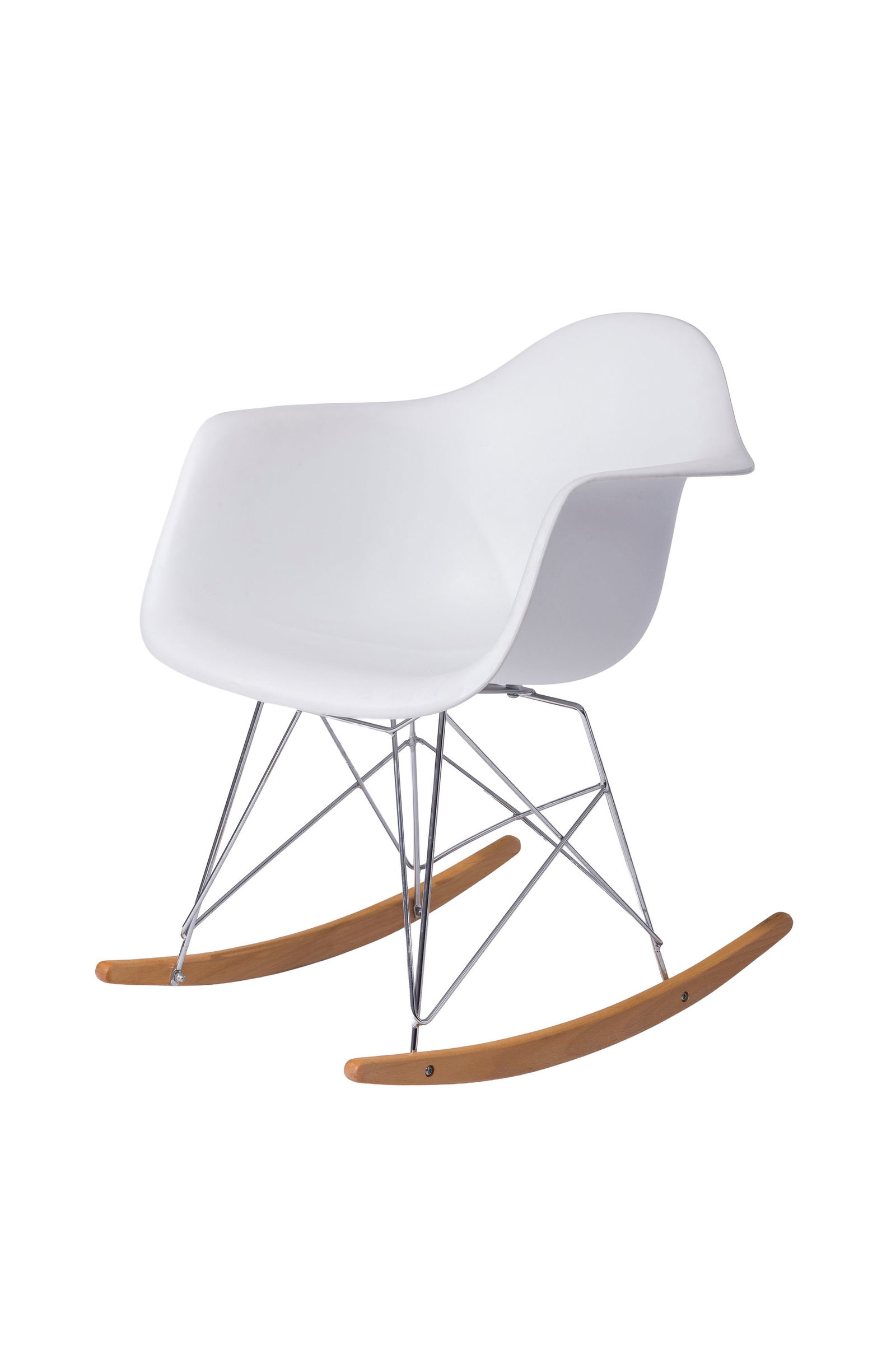 Rocking chair dans le goût du modèle Rar, XXIe s., coque en polymère teinté blan: Rocking chair dans le goût du modèle Rar, XXIe s., coque en polymère teinté blanc, piétement basculant en fils de métal et bois