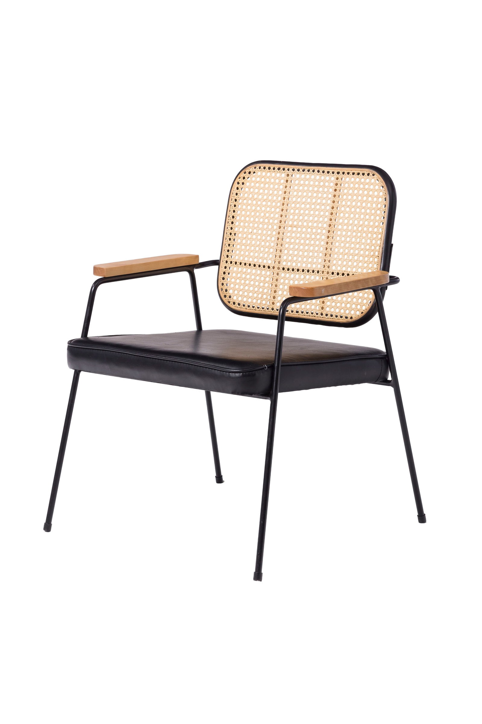 Fauteuil, XXIe s., en bois et métal teinté noir, dossier canné, assise en similicuir  (1 of 1)