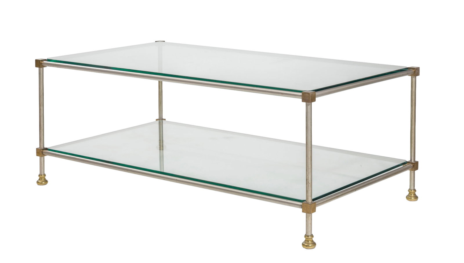 Table basse dans le goût de Jansen, XXe s., en métal patiné et laiton, plateaux en ve (1 of 1)