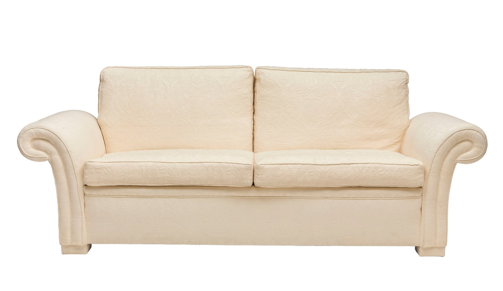 Canapé deux places, début XXe s., à garniture en tissu beige damassé, long. 225 : Canapé deux places, début XXe s., à garniture en tissu beige damassé, long. 225 cm