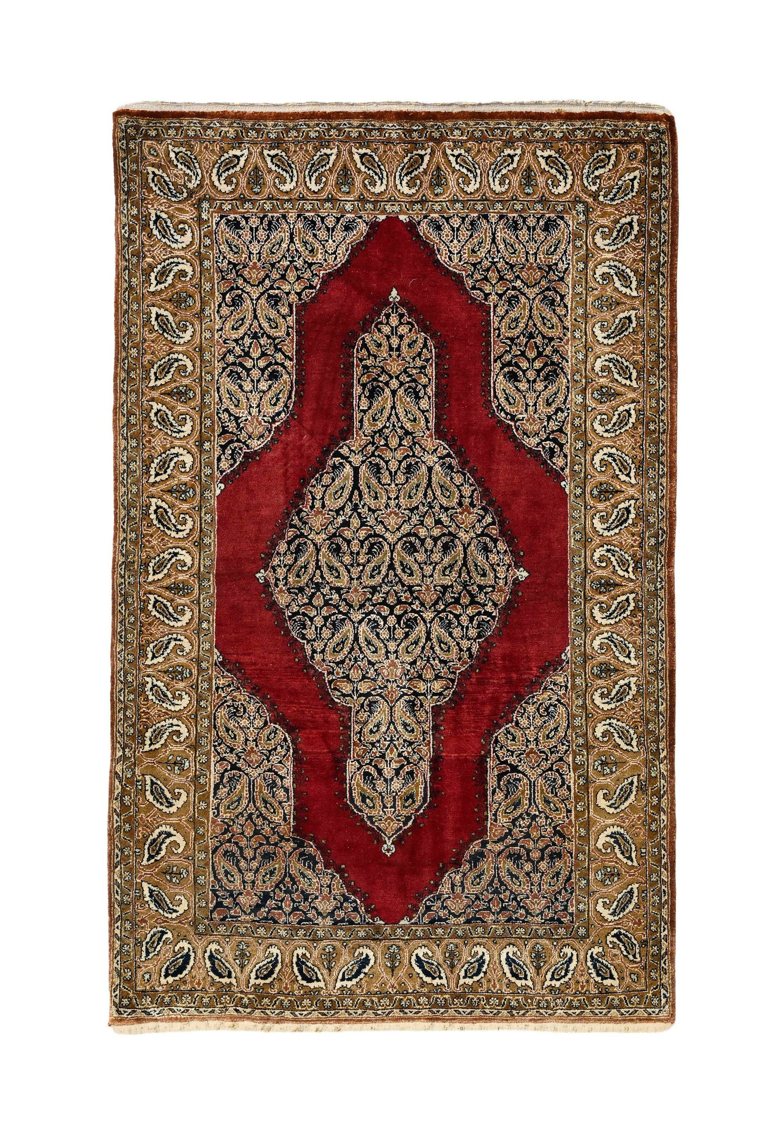 Tapis Ghom en soie, Iran, 3ème quart du XXe s., à décor de botehs sur fond bleu marin: Tapis Ghom en soie, Iran, 3ème quart du XXe s., à décor de botehs sur fond bleu marine et rouge, bordure vieil or à motifs en rappel, 80x120 cm