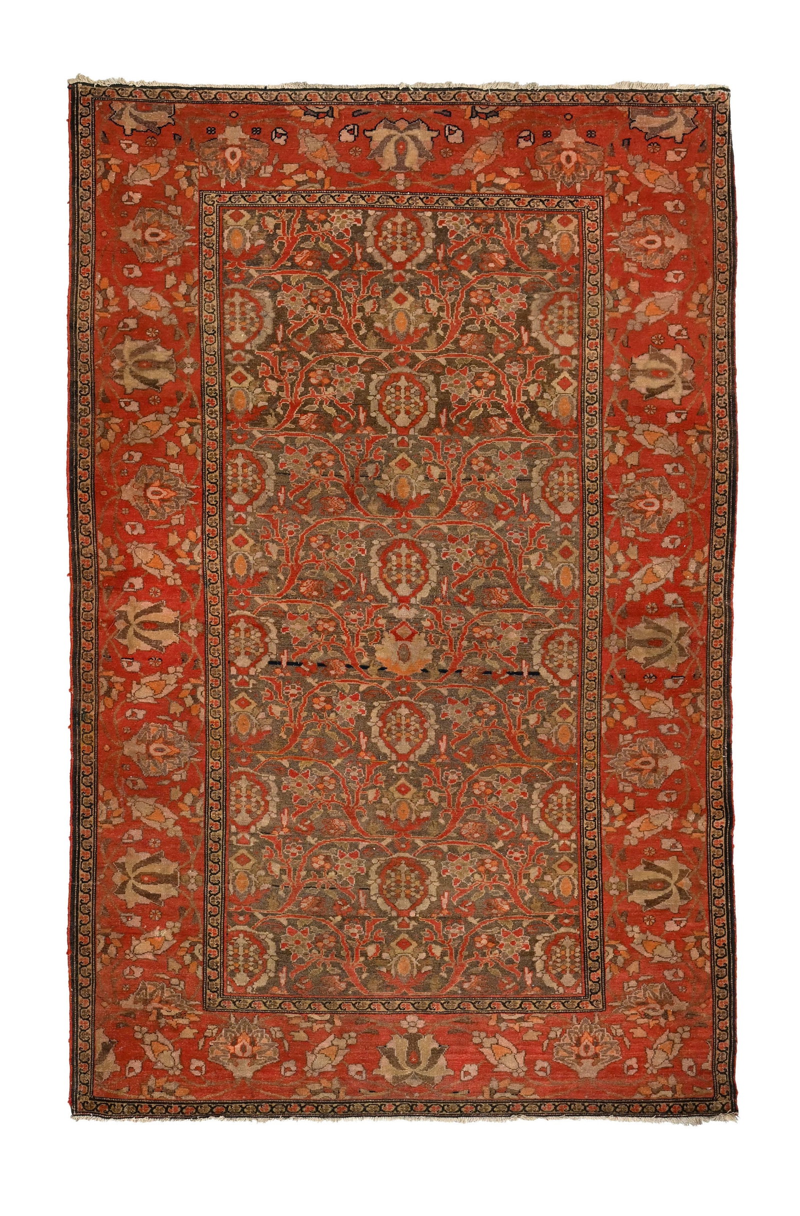 Tapis Malayer, Iran, 2ème tiers du XXe s., à semis de fleurs et de feuilles stylisées: Tapis Malayer, Iran, 2ème tiers du XXe s., à semis de fleurs et de feuilles stylisées sur fond brun, bordure fleurie rouge, 123x196 cm Condition Franges et shirazis postérieurs