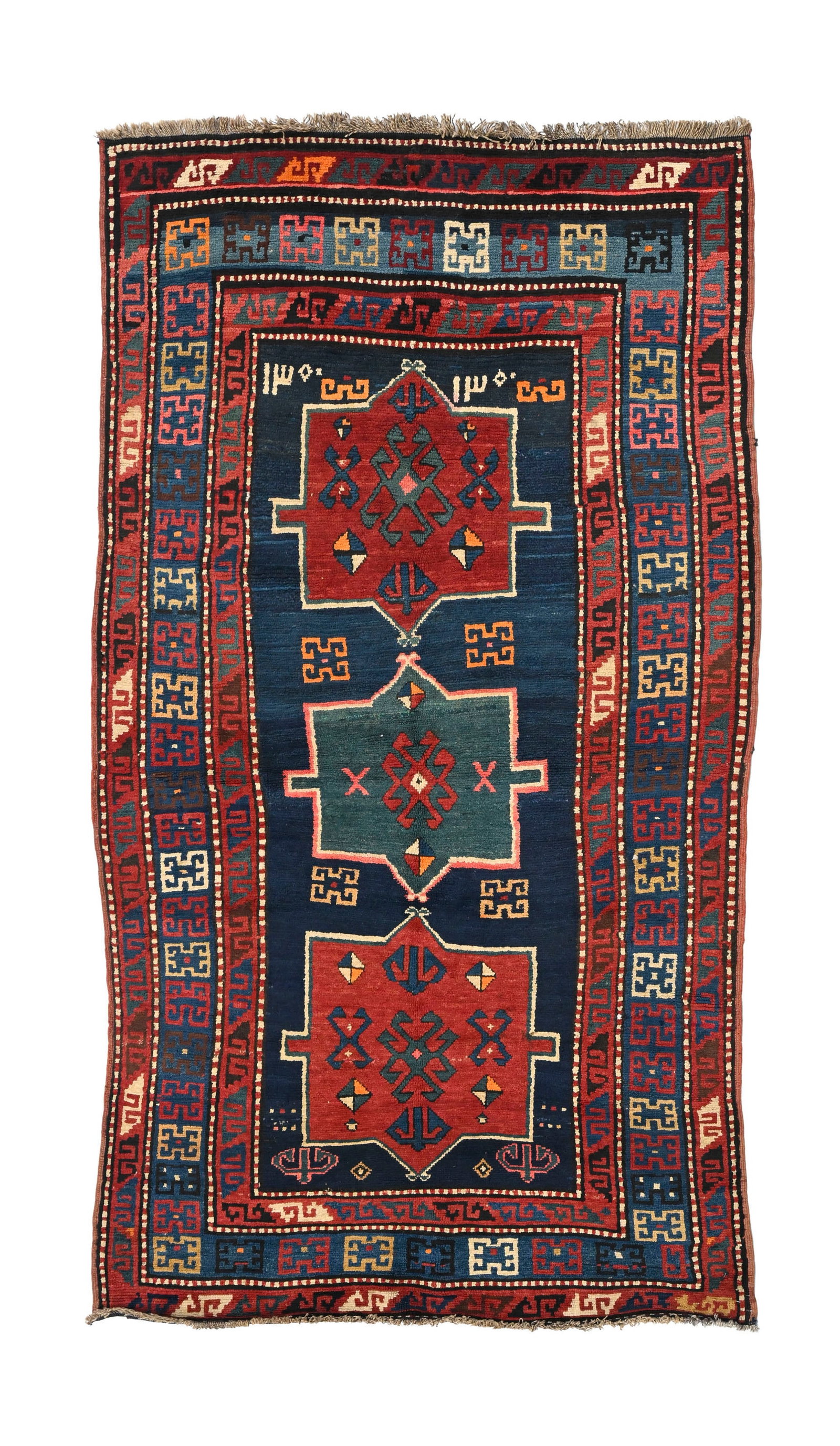 Tapis Kazakh Fachralo, Caucase, fin XIXe s., à trois médaillons centraux rouges et vert su (1 of 1)