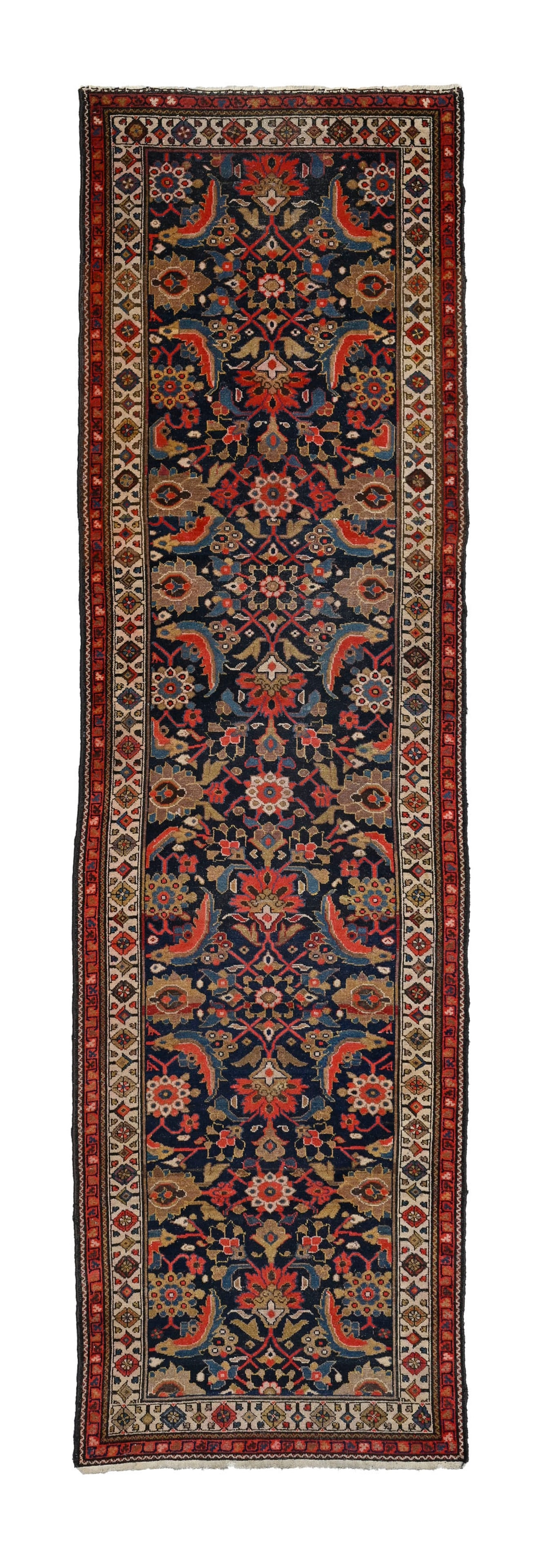 Tapis de passage Karabagh, Caucase, 2ème tiers du XXe s., à semis de fleurs et de feuilles: Tapis de passage Karabagh, Caucase, 2ème tiers du XXe s., à semis de fleurs et de feuilles stylisées polychromes sur fond bleu marine, bordure de couleur ivoire, 105x361 cm Condition