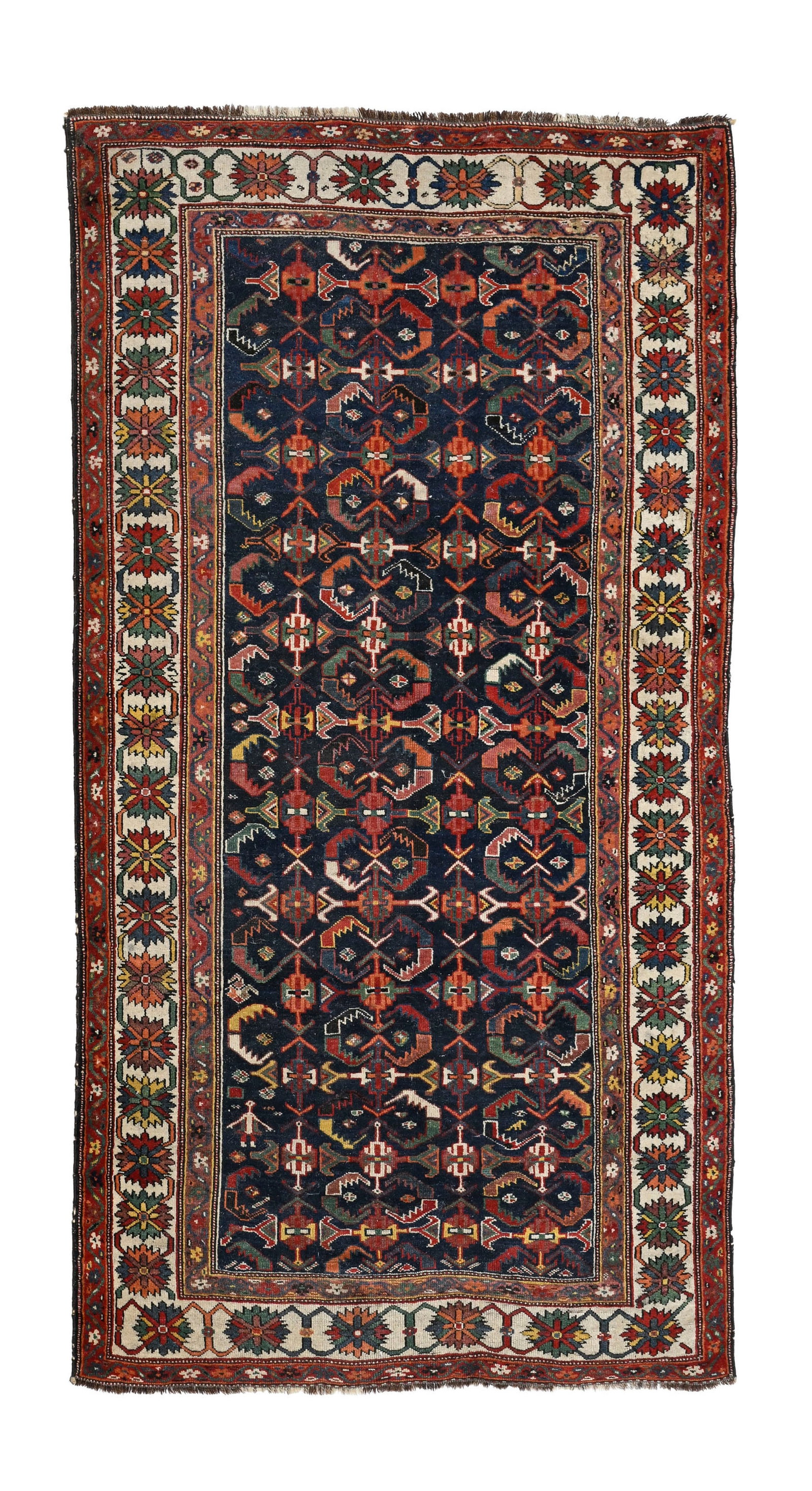 Tapis Kazakh, Caucase, fin XIXe s., à semis de fleurs et de feuilles stylisées polychromes: Tapis Kazakh, Caucase, fin XIXe s., à semis de fleurs et de feuilles stylisées polychromes sur fond bleu marine, bordure fleurie beige, 147x274 cm